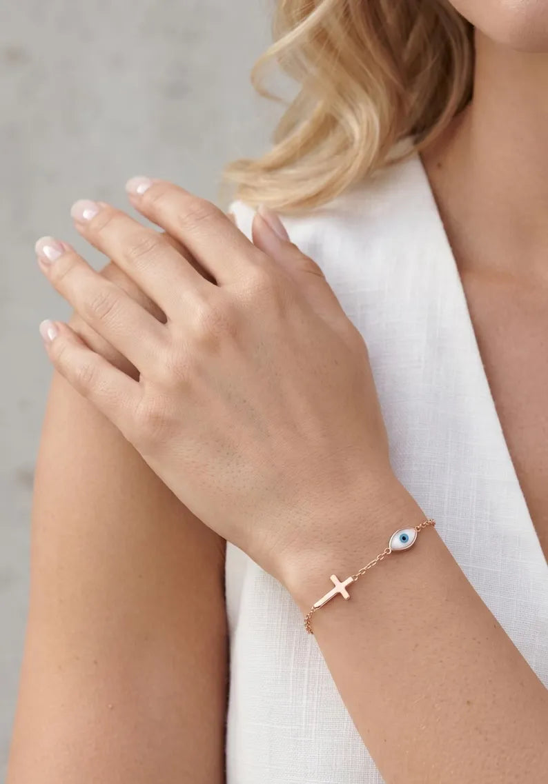 Sterling Silver Rose Gold Evil Eye Bracelet 