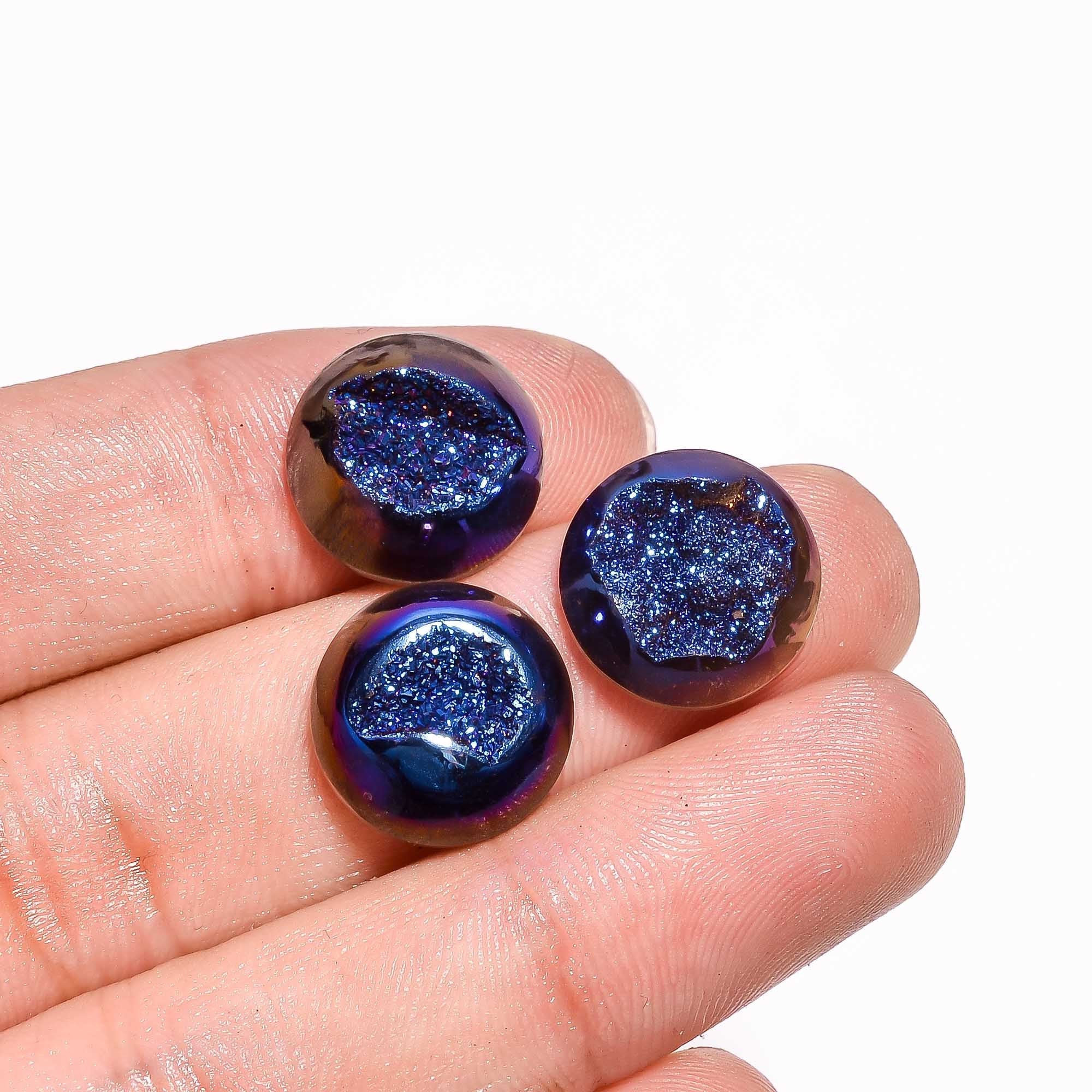 Blue Titanium Druzy Cabochon: Round Shape Loose Gemstone Jewelry Making (14X14 mm)