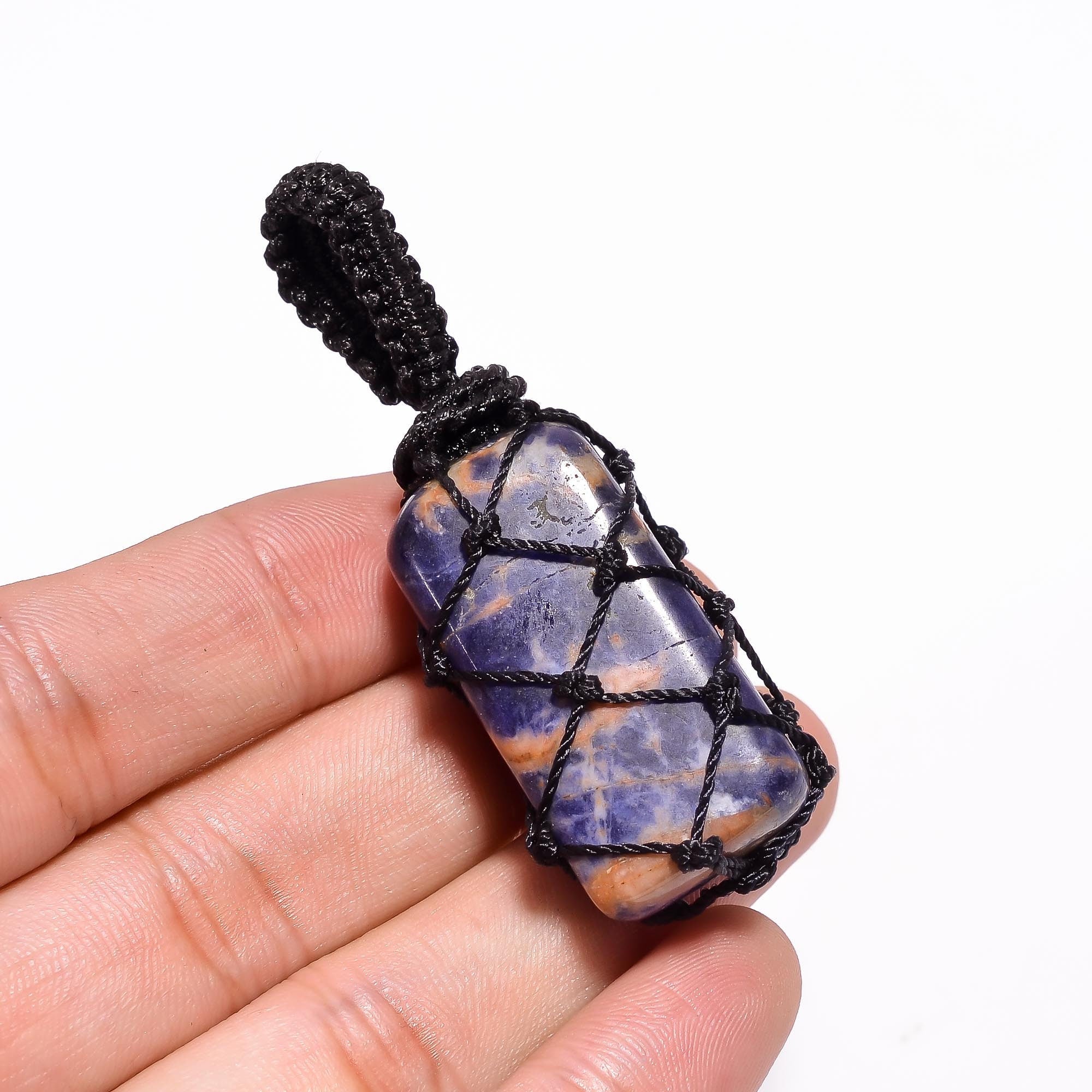 90.65 Cts Sodalite Tumbled Macrame Pendant, Handmade Thread Jewelry 