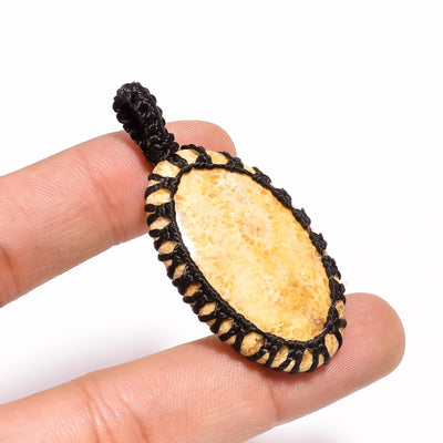 34 Ct Fossil Coral Macrame  Pendant Oval Shape (2") (Approx 38X25X5 mm)