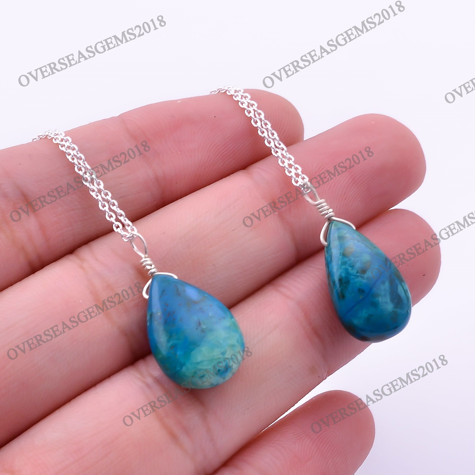Chrysocolla Teardrop Pendant Necklace, Silver Plated, Energy Gemstone - image 5
