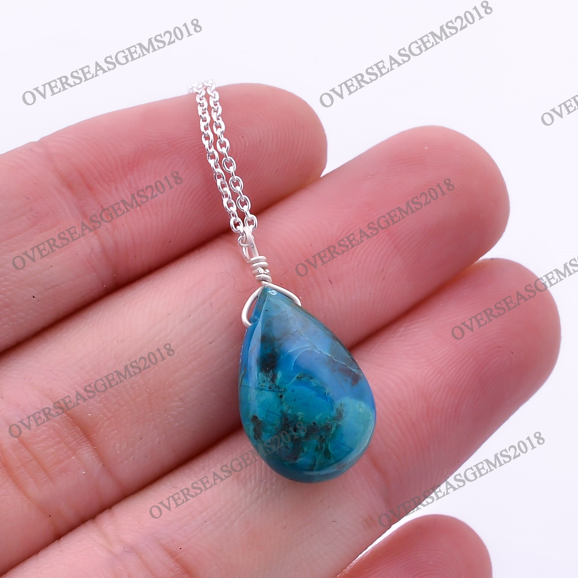 Chrysocolla Teardrop Pendant Necklace, Silver Plated, Energy Gemstone