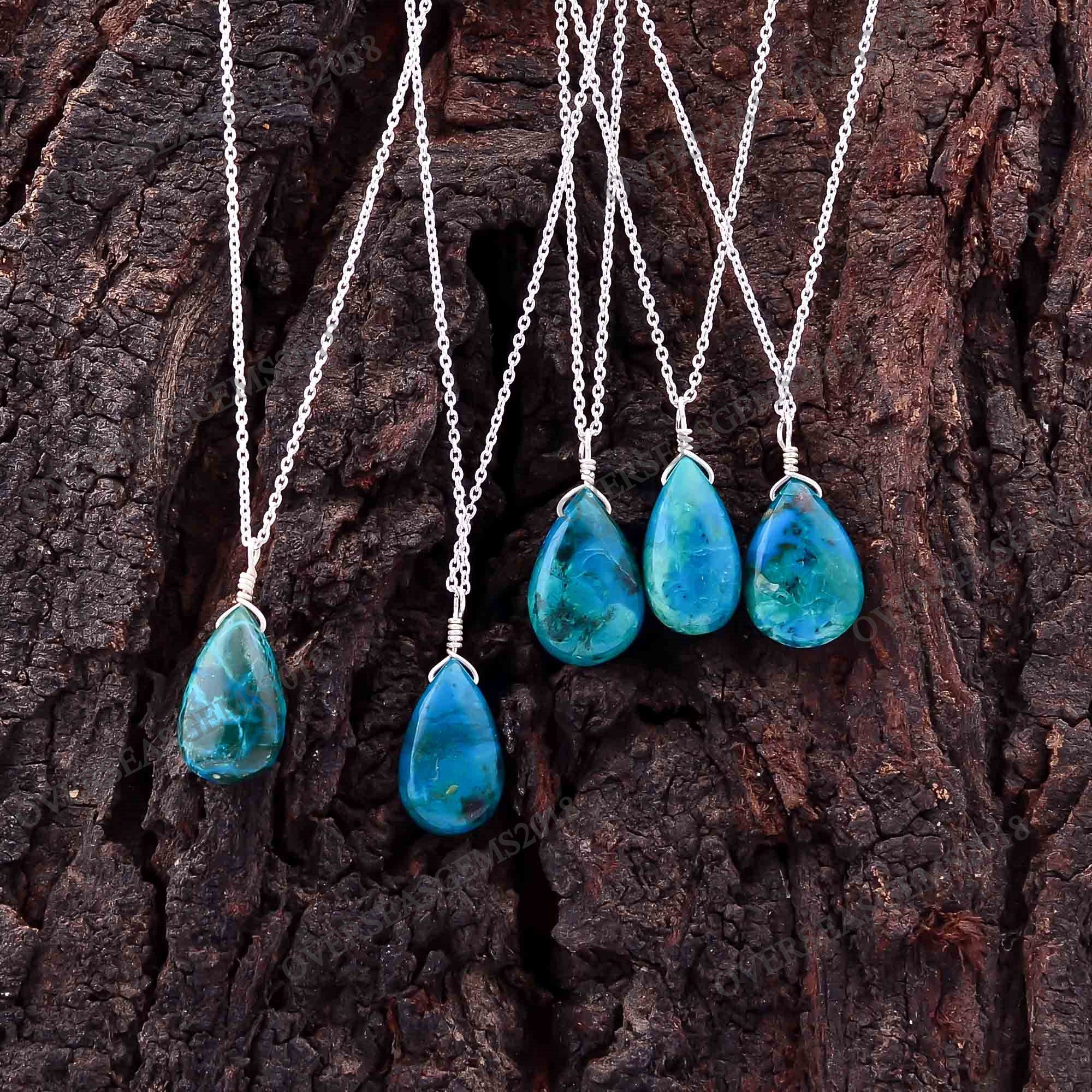 Chrysocolla Teardrop Pendant Necklace, Silver Plated, Energy Gemstone - image 2