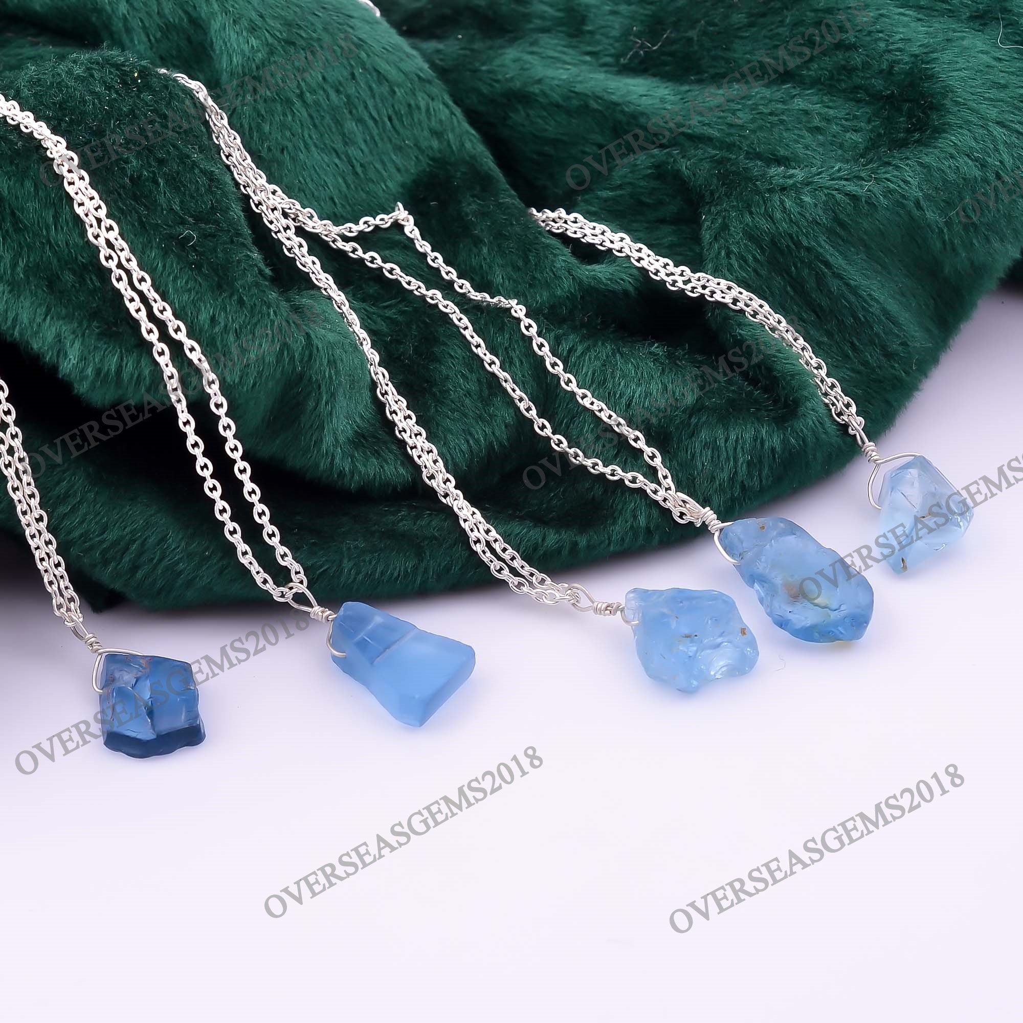 Raw Swiss Blue Topaz Necklace in Silver Plated Finish