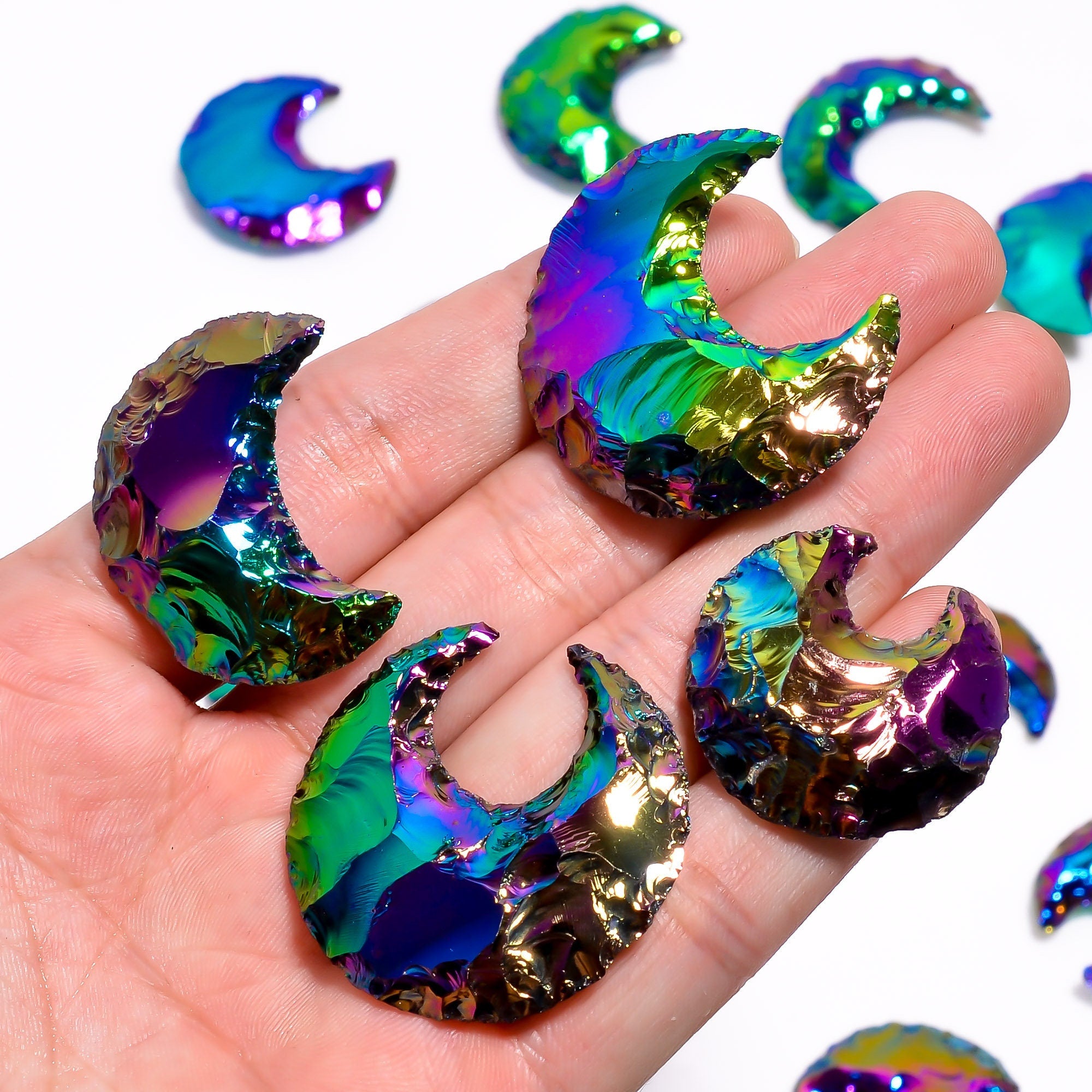Angel Aura Quartz Moon Cabochon, Platinum Coated, AAA Quality, 25-30mm