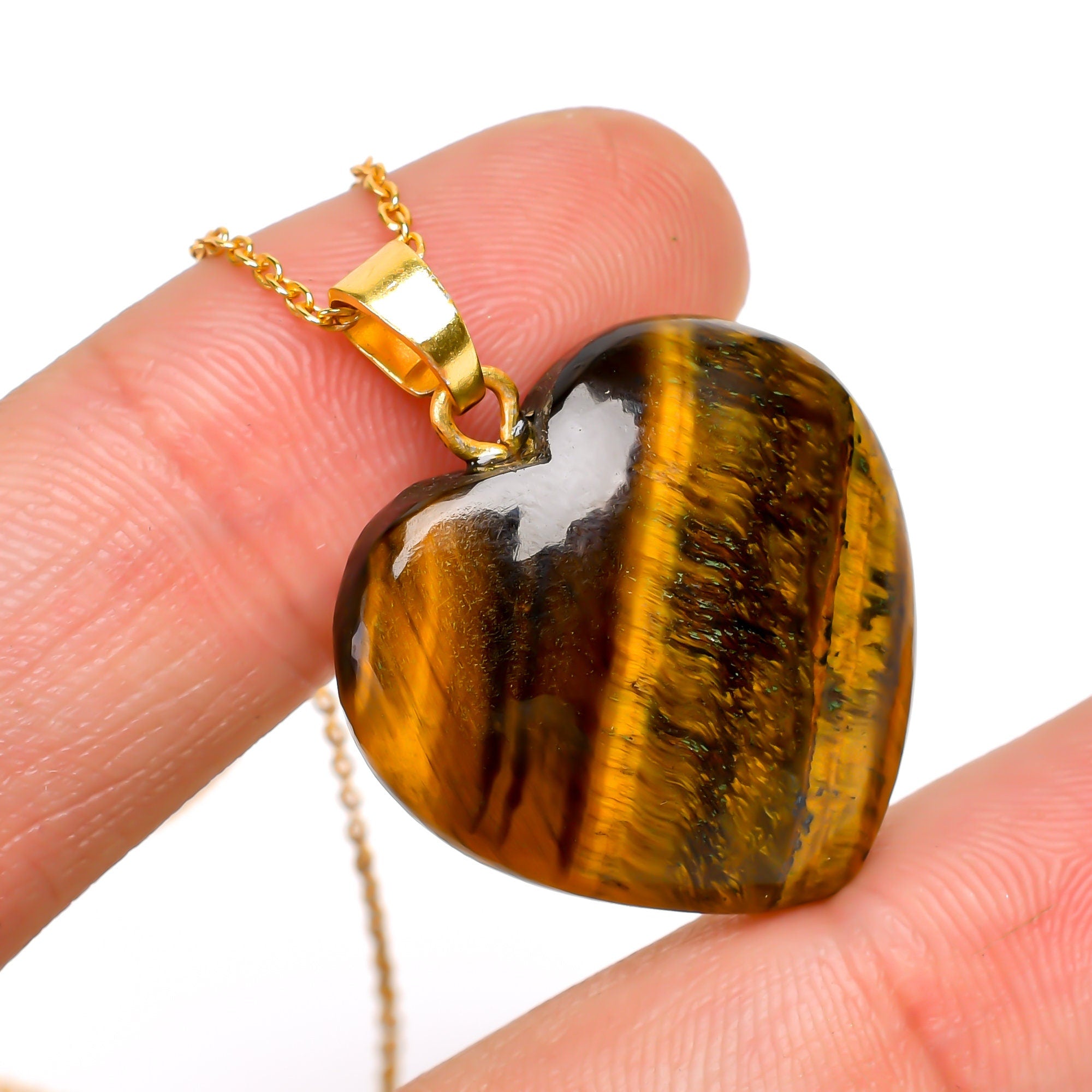 Tiger Eye Heart Pendant Necklace, Gold Plated Jewelry