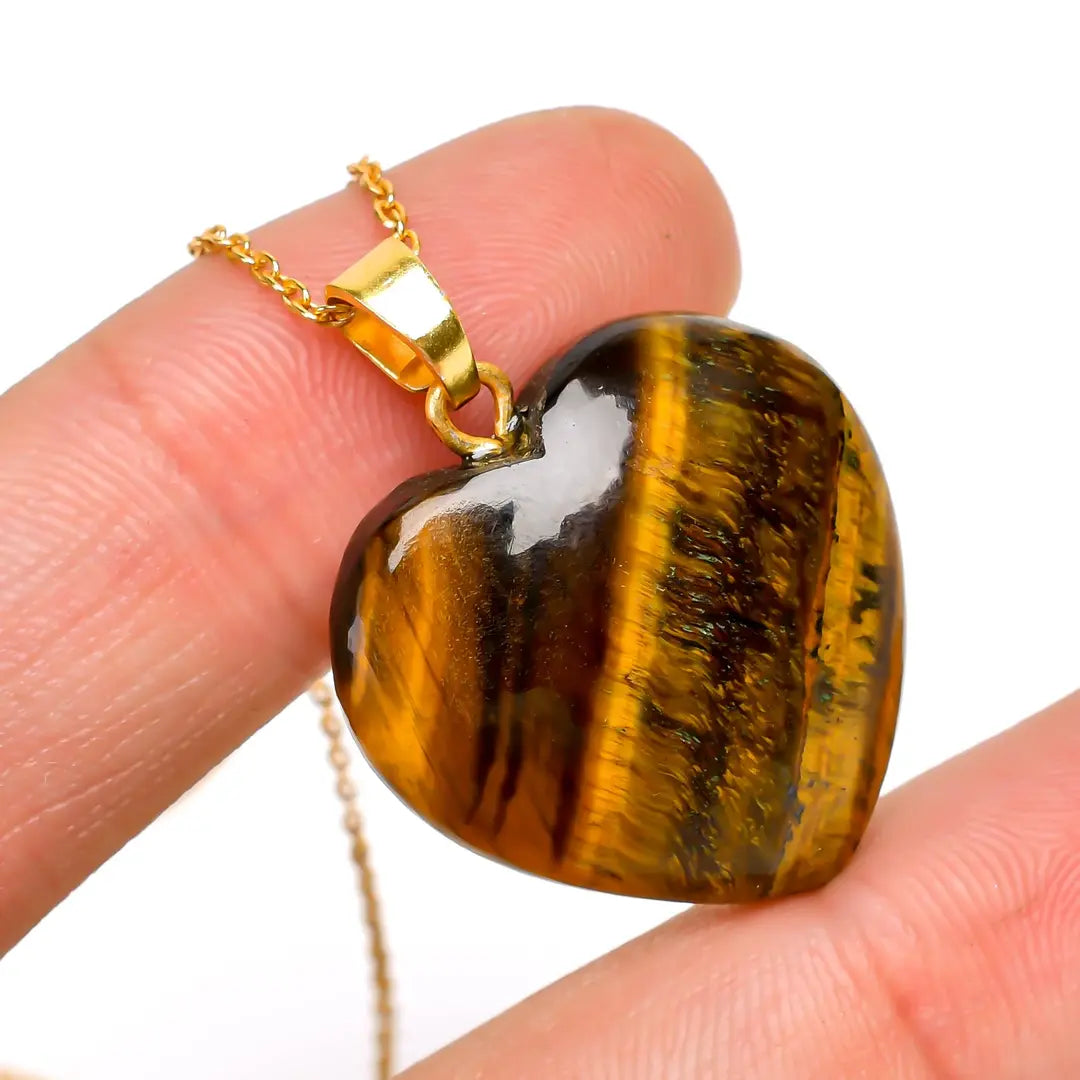 Natural Tiger Eye Heart Pendant in Gold Plated Brass chain (20–30 mm)