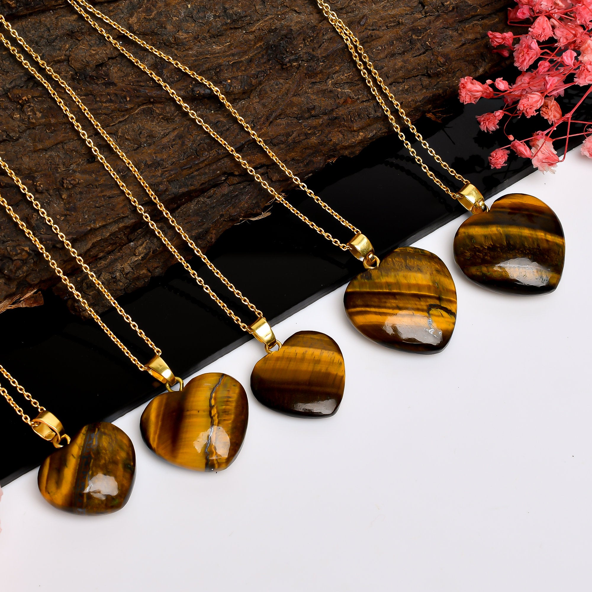 Tiger Eye Heart Pendant Necklace, Gold Plated Jewelry