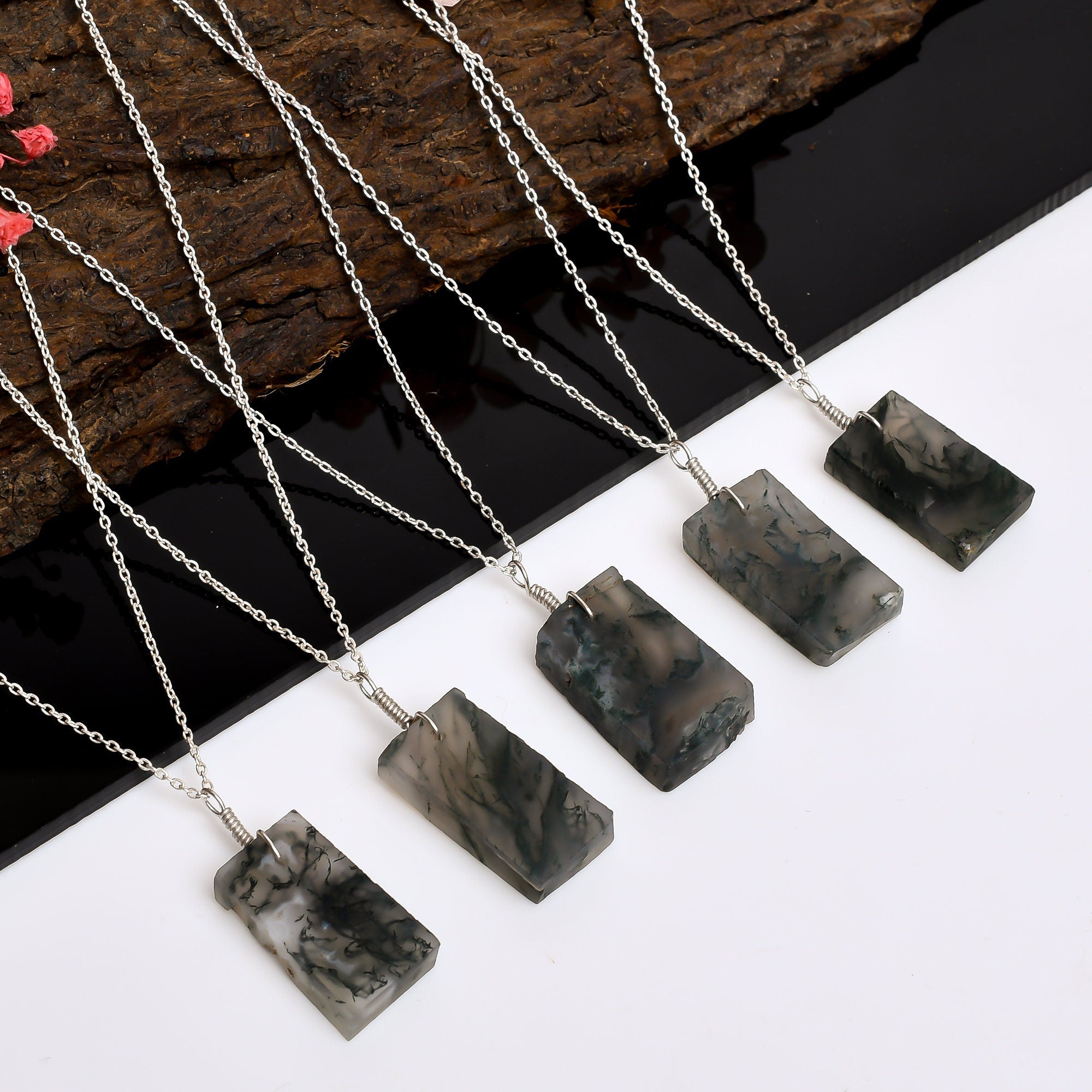 Moss Agate Dainty Pendant Necklace in Radiant Shape