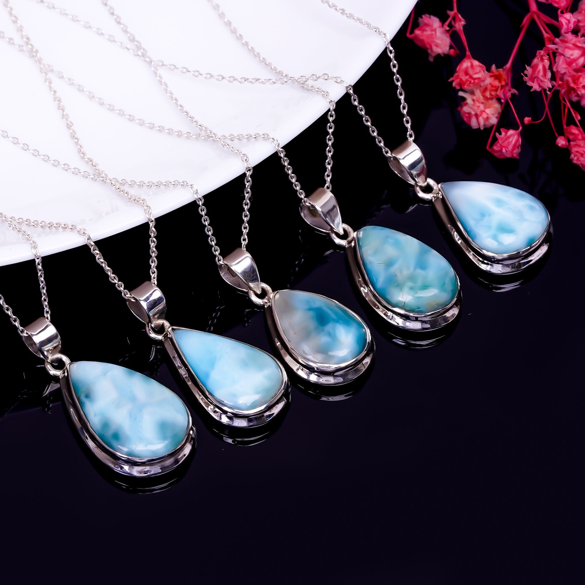 Blue Larimar Sterling Silver Pendant in Pear Shape for Women