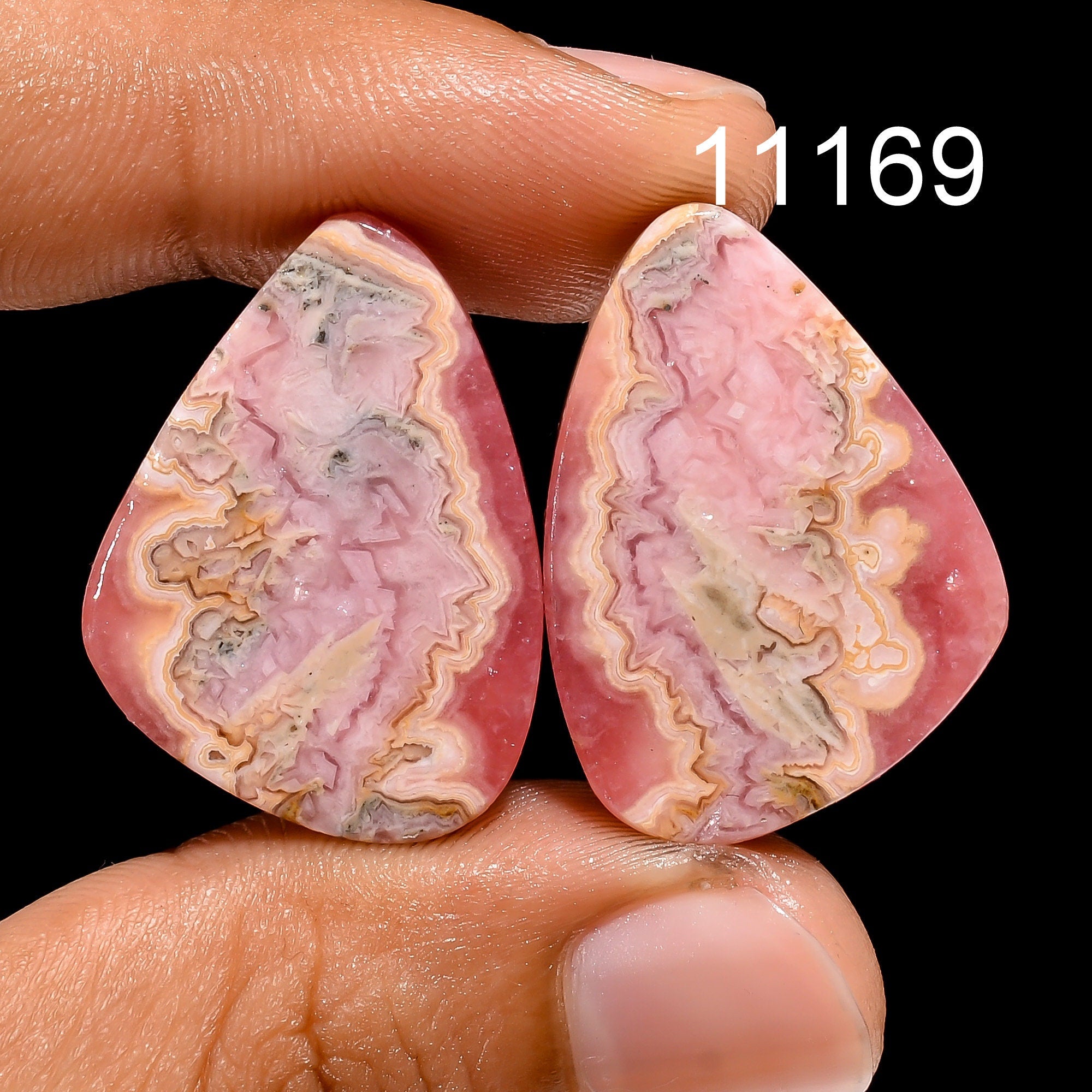 Natural Rhodochrosite Cabochon Gemstone Pair, Loose Designer Stone - image 5