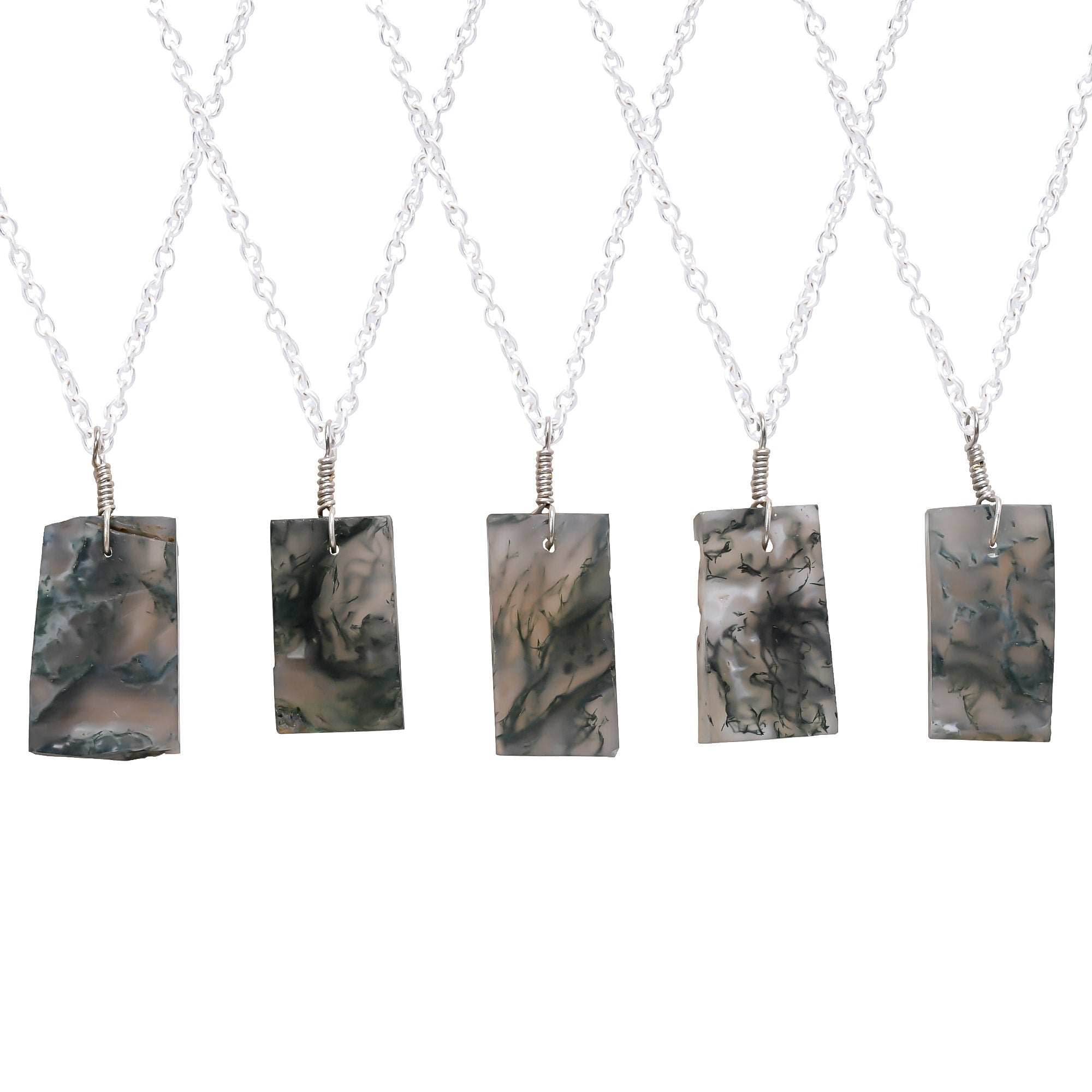 Natural Moss Agate Dainty Pendant in Silver Plated Brass