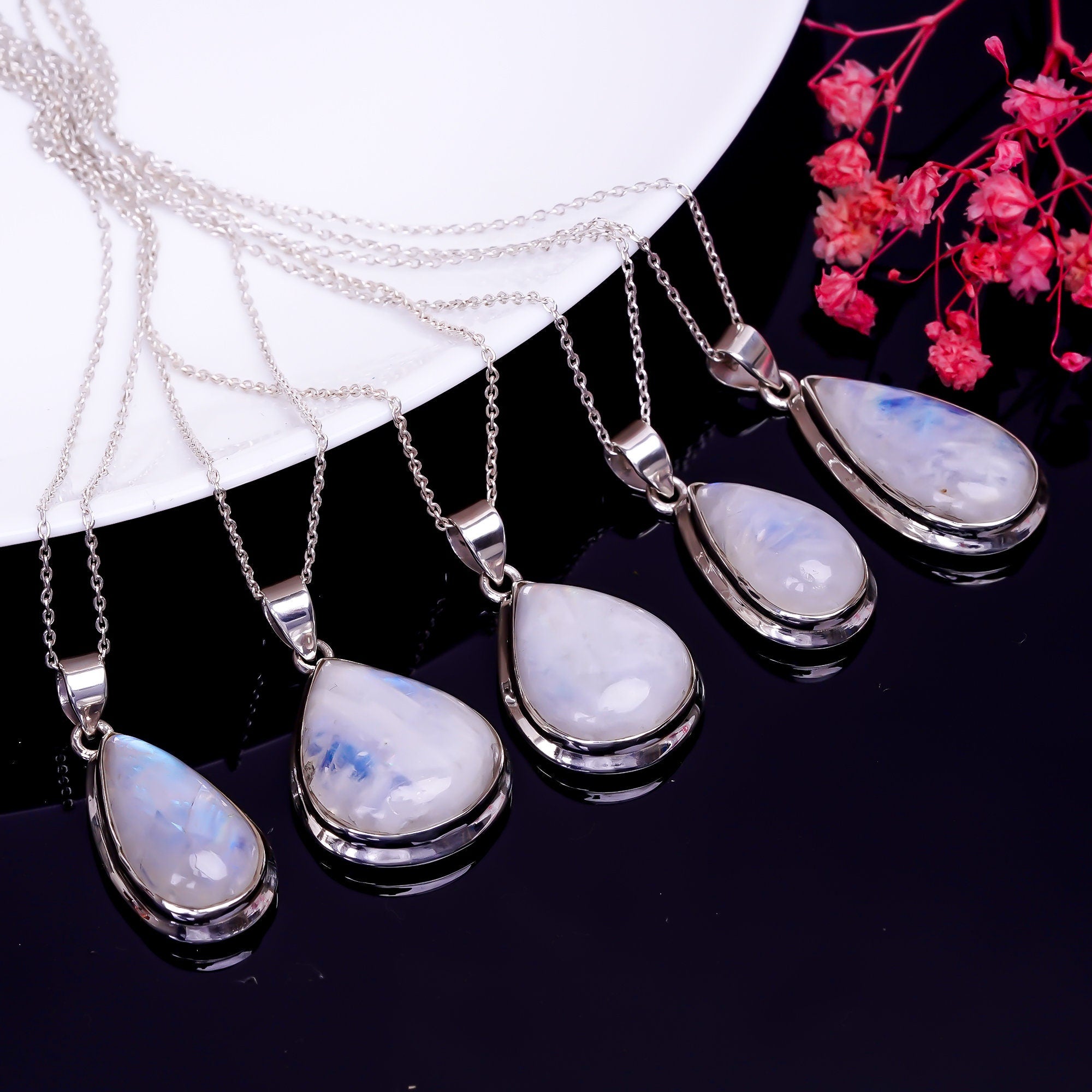 Rainbow Moonstone pendant necklace with Blue Flash