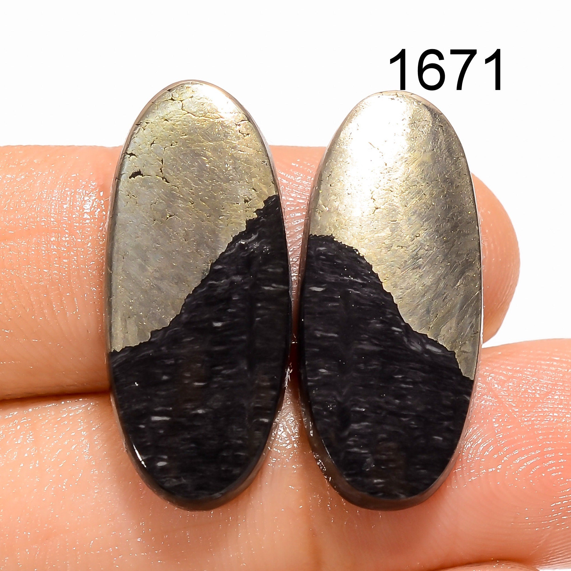 Natural Pyrite Gemstone Cabochon Pair, Earring Jewelry Making Stone - image 2