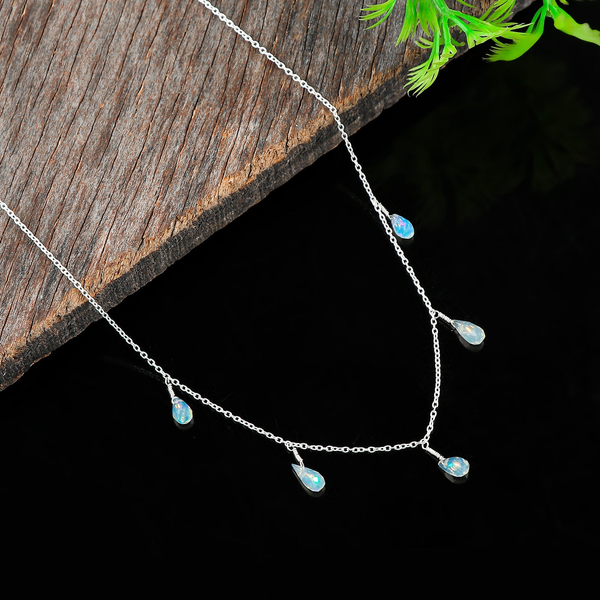 Ethiopian Opal Drop Pendant Necklace: Silver Plated Raw Crystal - image 4