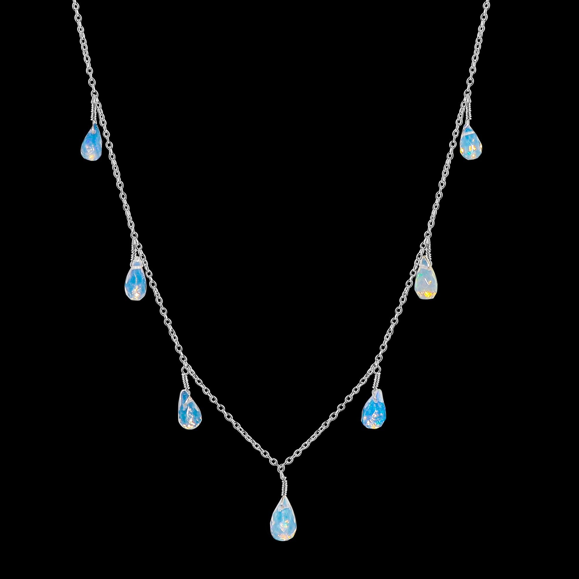 Ethiopian Opal Drop Pendant Necklace, Raw Crystal, Silver Plated Chain