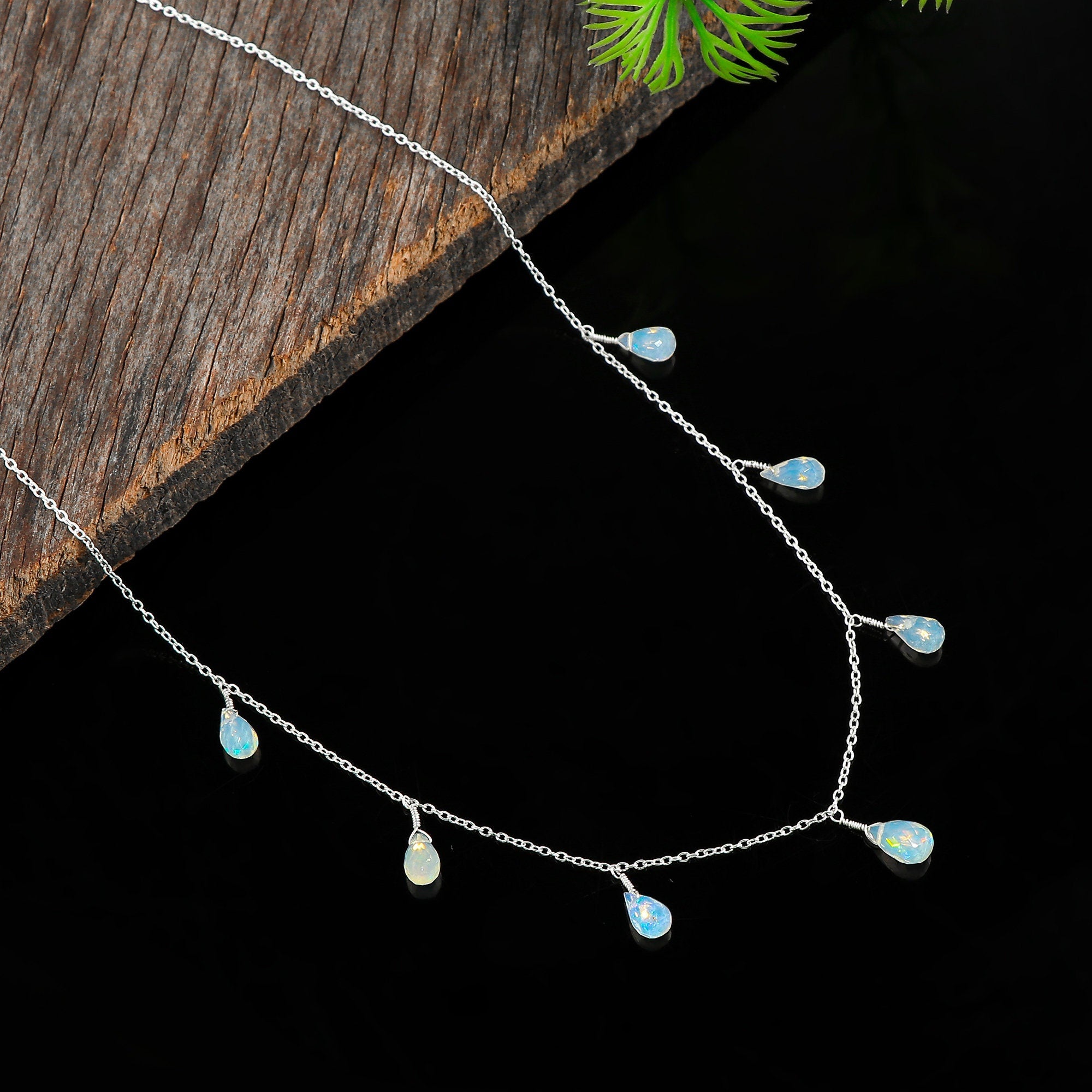 Ethiopian Opal Drop Pendant Necklace, Raw Crystal, Silver Plated Chain - image 4