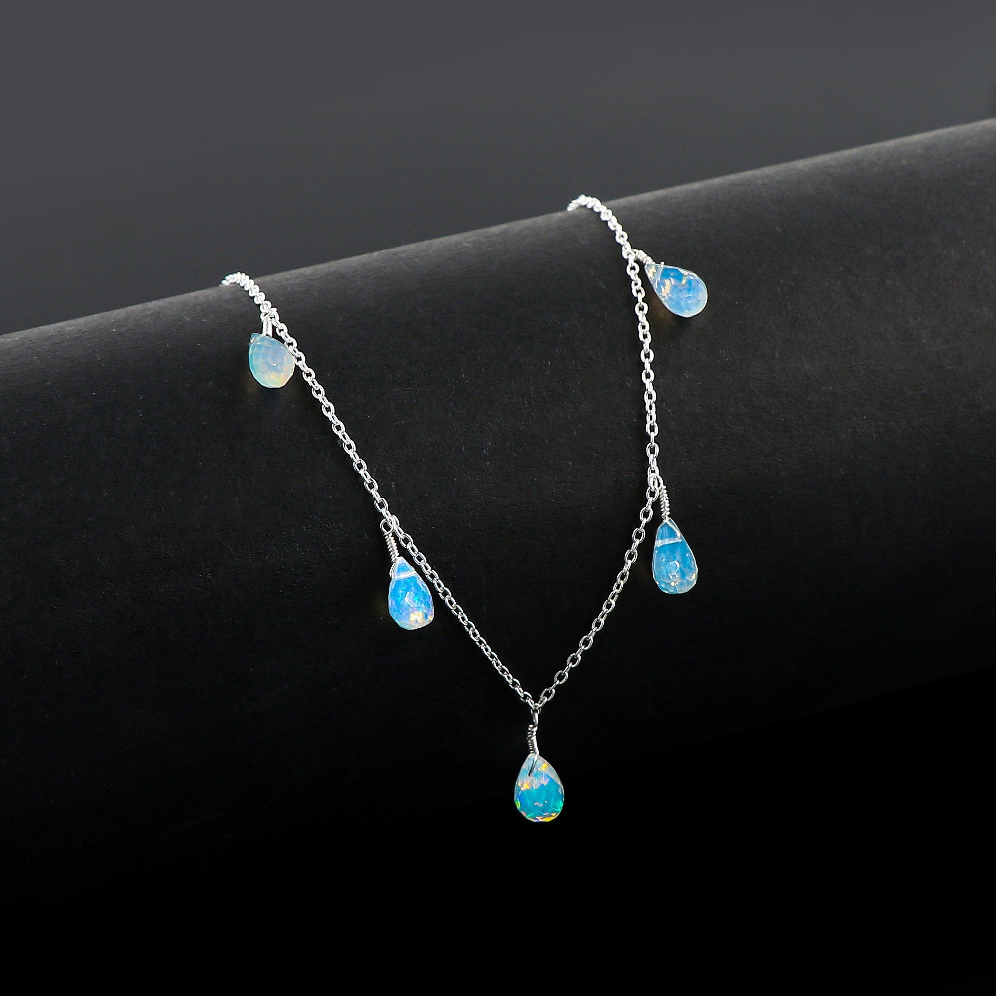 Ethiopian Opal Drop Pendant Necklace, Raw Crystal, Silver Plated Chain - image 5