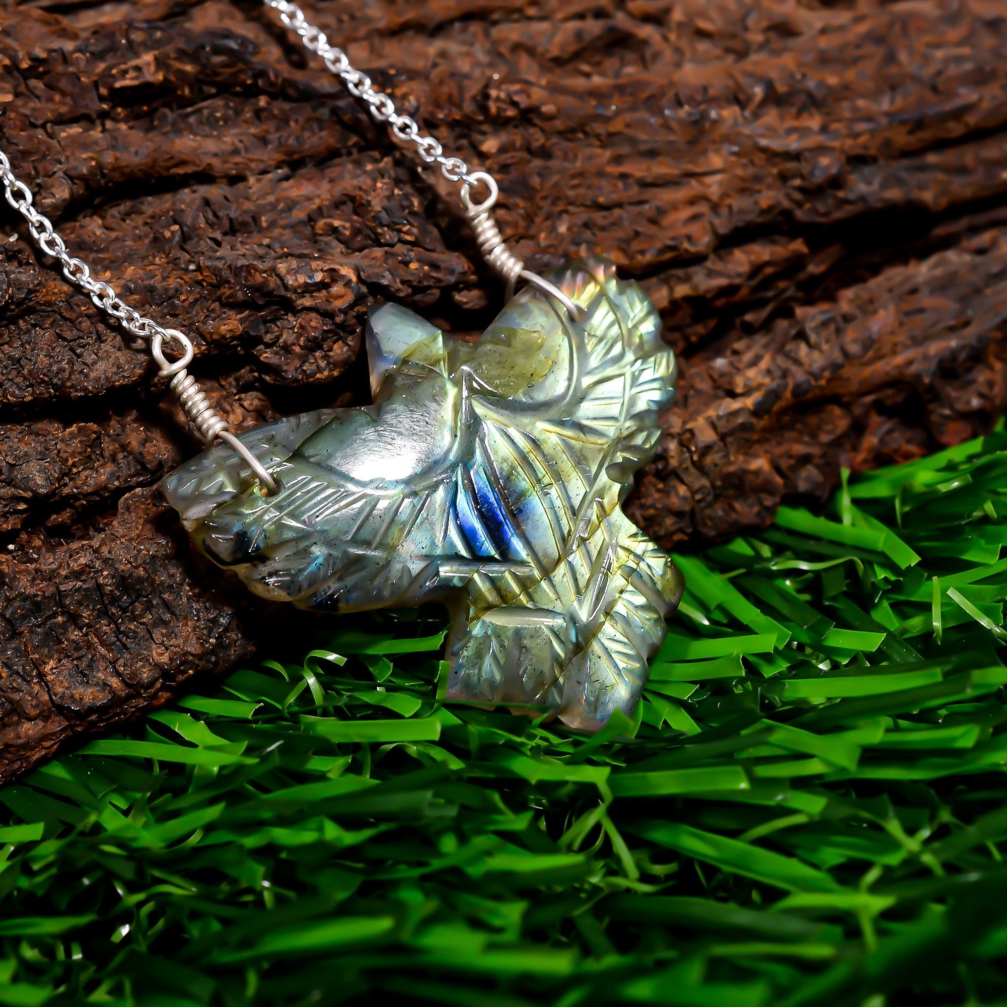 Labradorite Eagle Pendant with Natural Blue Flash