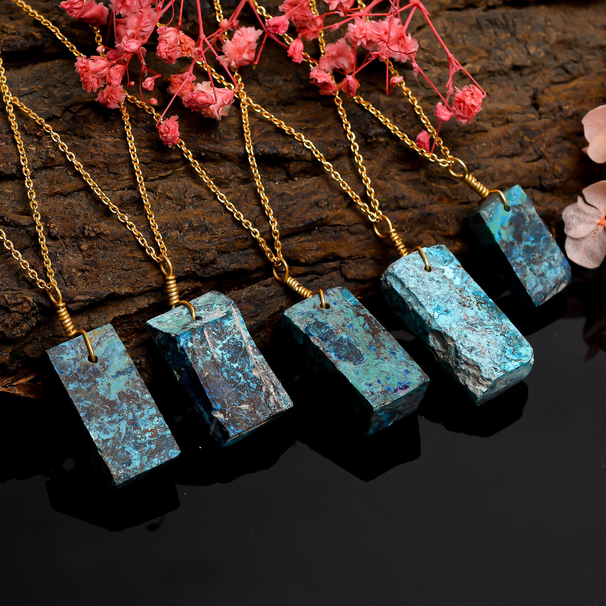 Shattuckite Gemstone Pendant Necklace, Raw Crystal, Gold Plated Jewelry - image 5