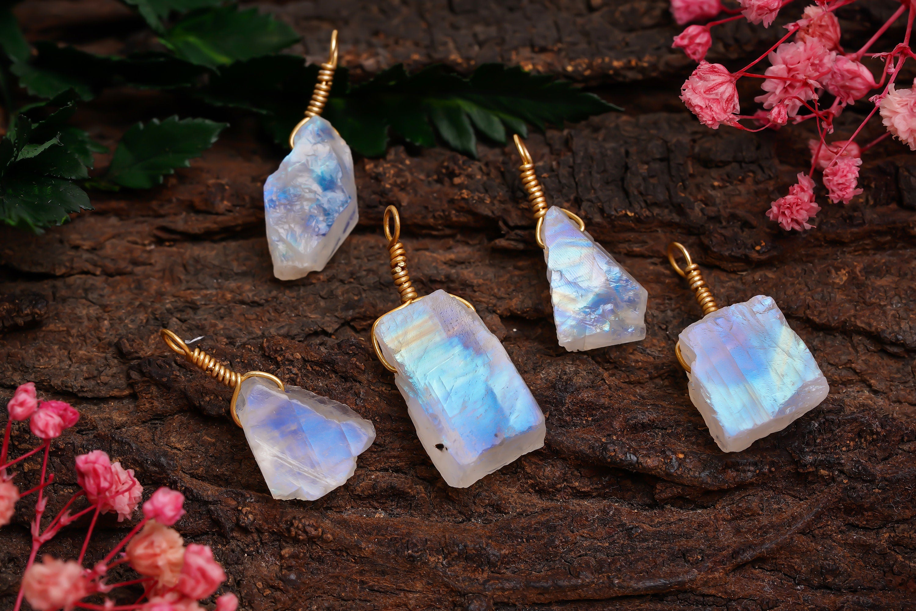 Raw Rainbow Moonstone Pendant Available in approx. 10–12 mm size.