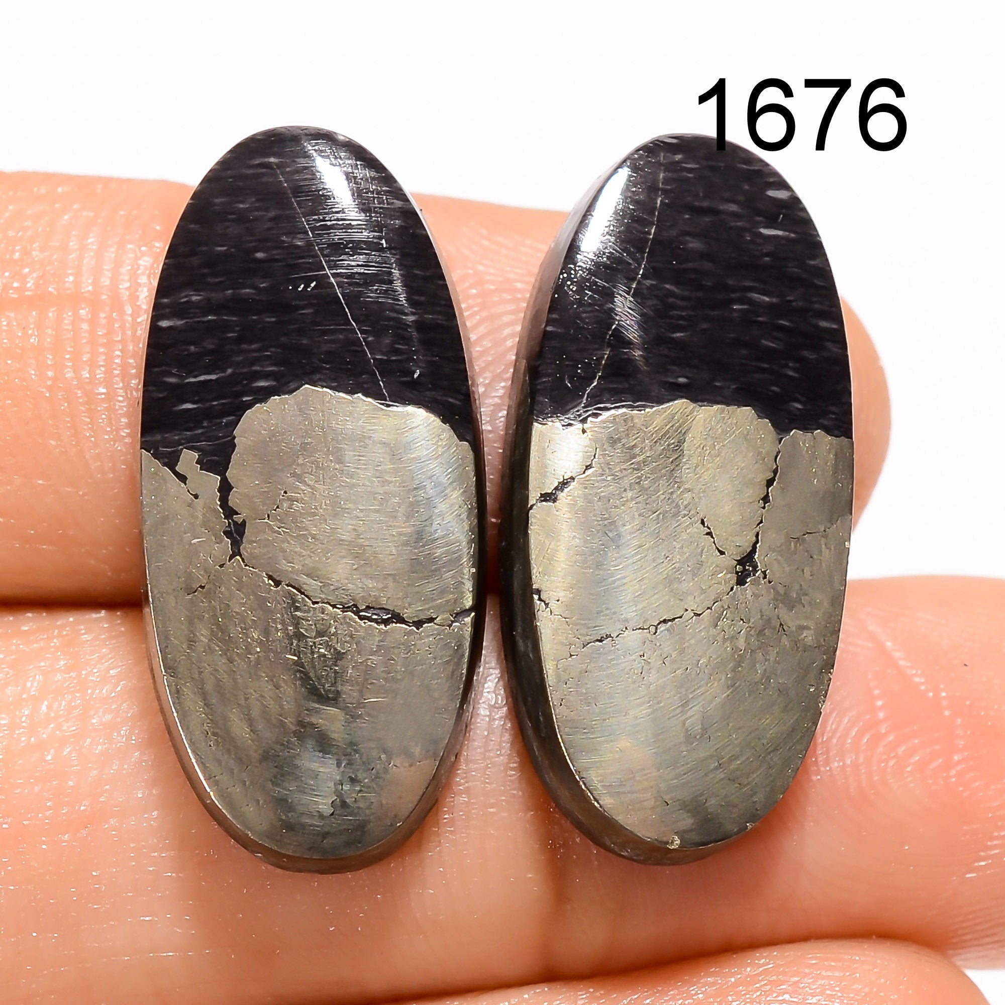Natural Pyrite Gemstone Cabochon Pair, Earring Jewelry Making Stone - image 3