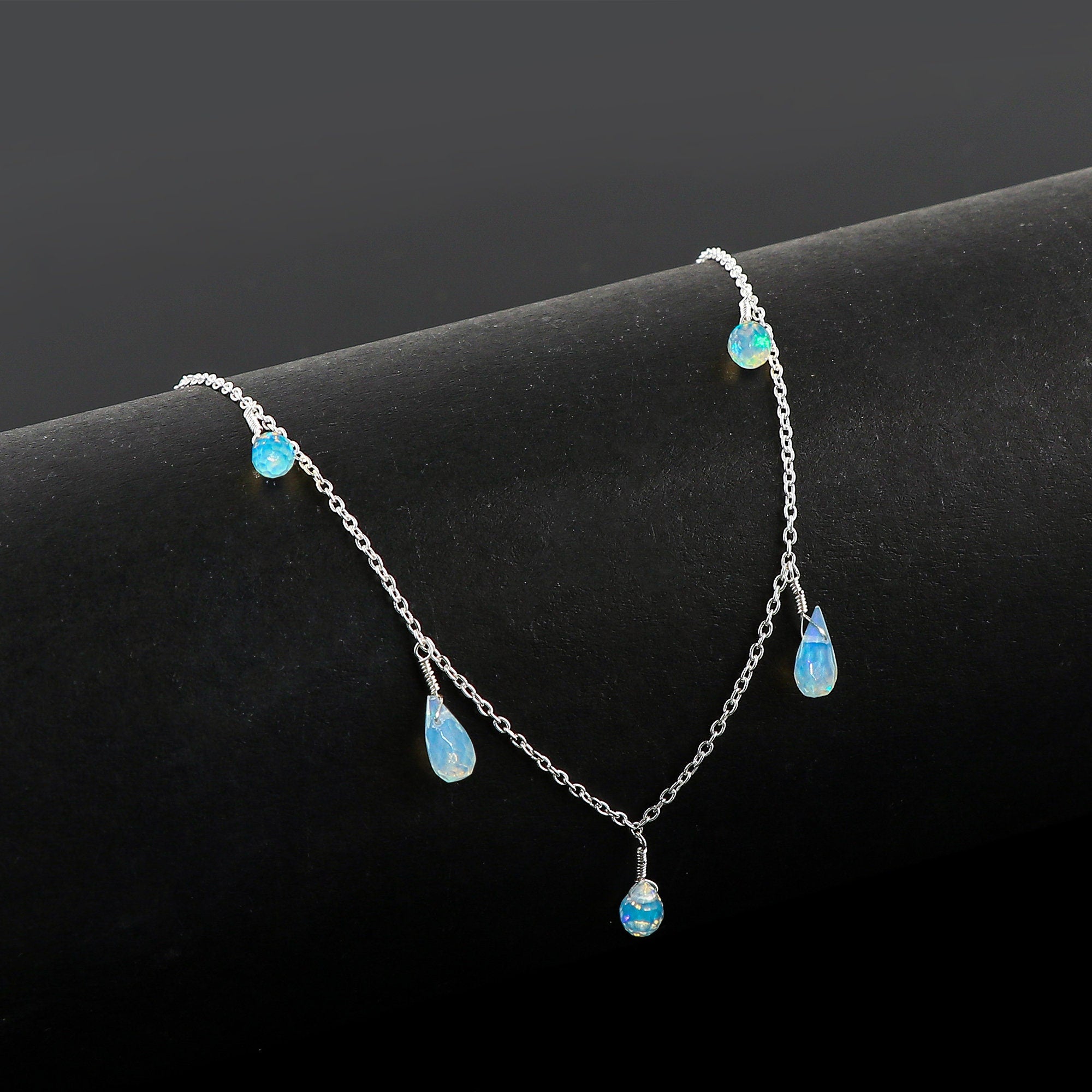 Ethiopian Opal Drop Pendant Necklace: Silver Plated Raw Crystal - image 3