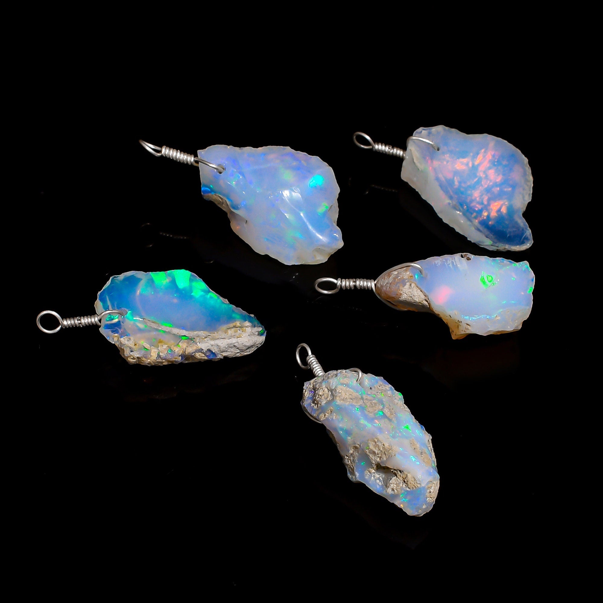 AA+ Raw Rough Ethiopian Opal Pendant in Silver Plated Brass