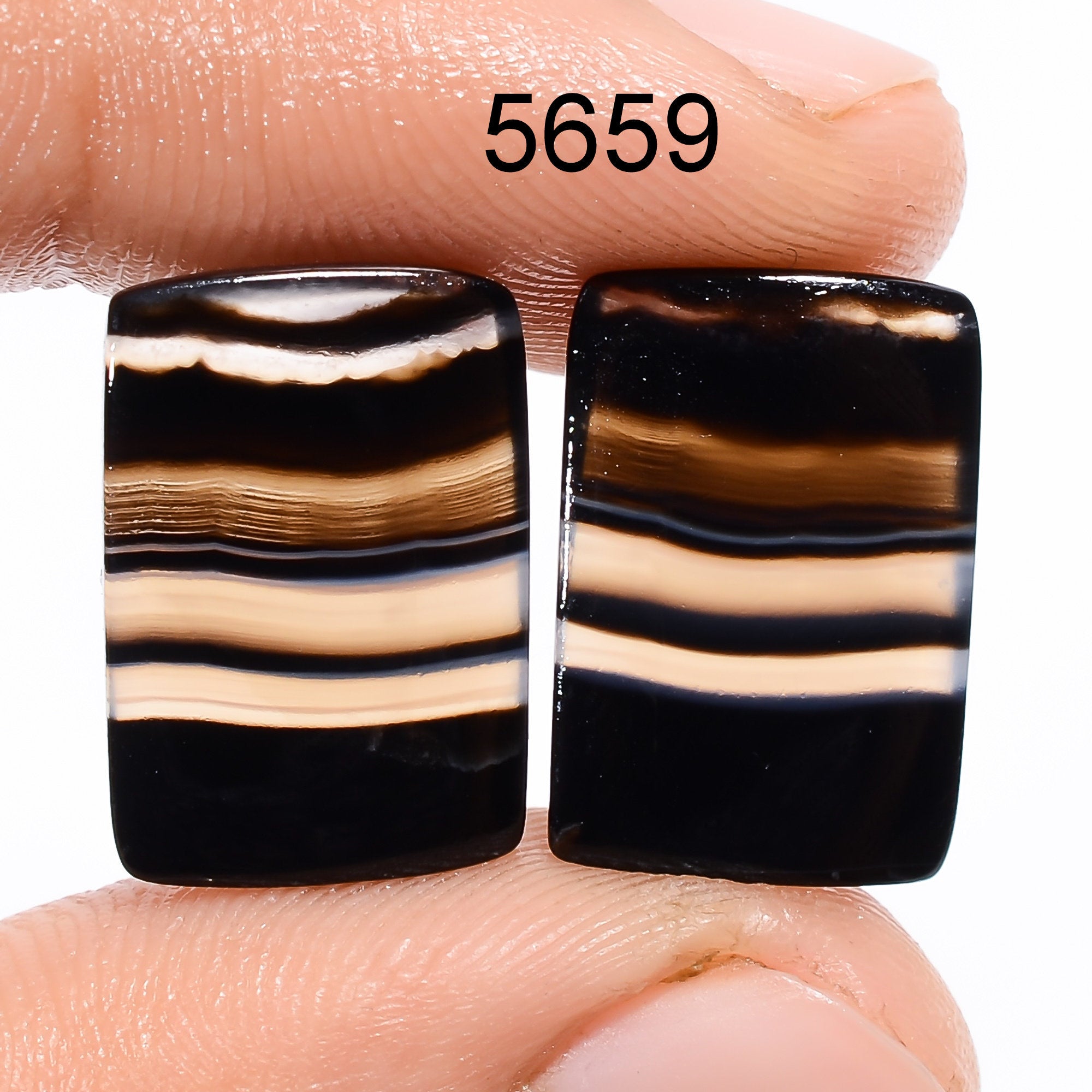 Black Banded Agate Cabochon Pair: Natural Gemstone Earring Supplies.