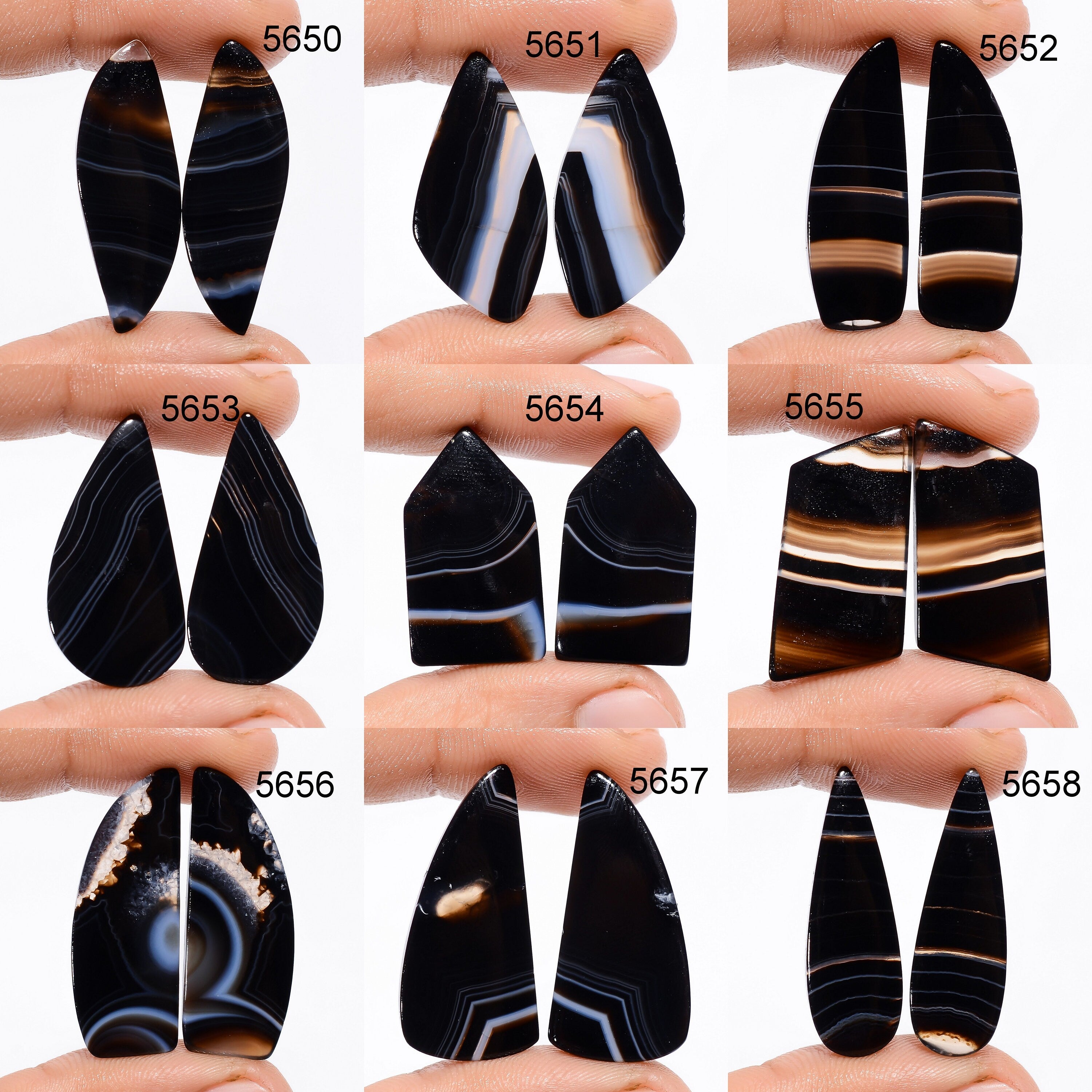 Black Banded Agate Cabochon Pair: Natural Gemstone Earring Supplies. - image 4