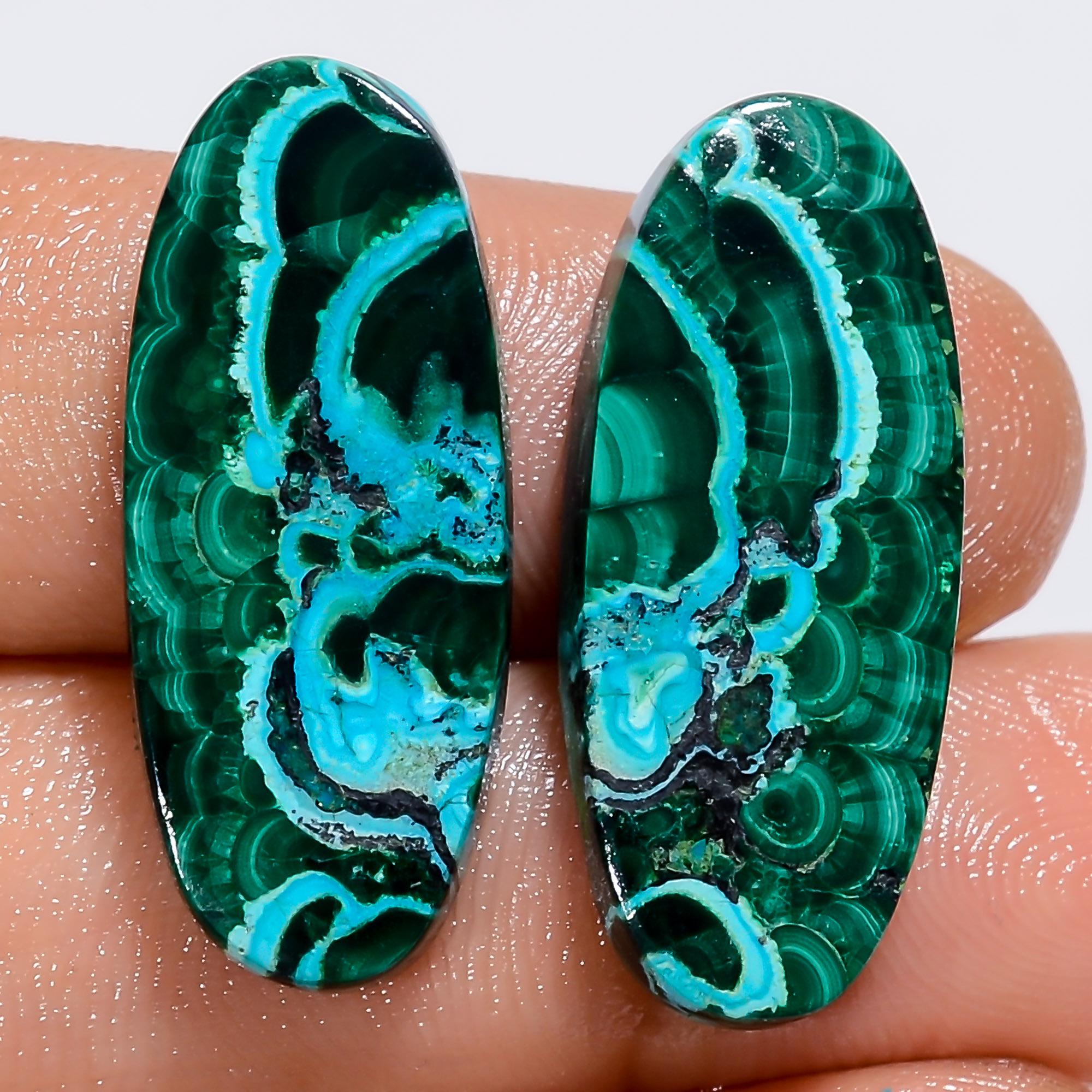 MALACHITE Chrysocolla Gemstone Pair  Natural Beautiful Green Oval Shape Malachite Chrysocolla Pair, African Matched Gems