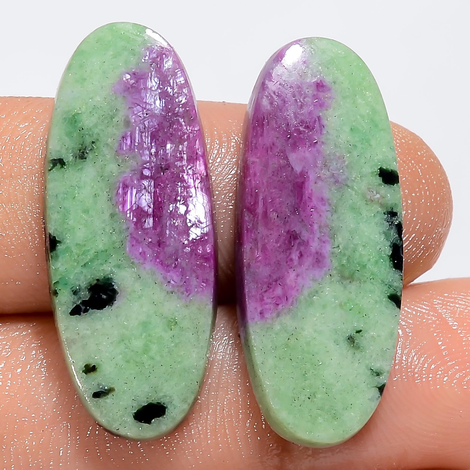 AAA Ruby Zoisite Gemstone Pair: Oval Cabochons, 32.5 Cts
