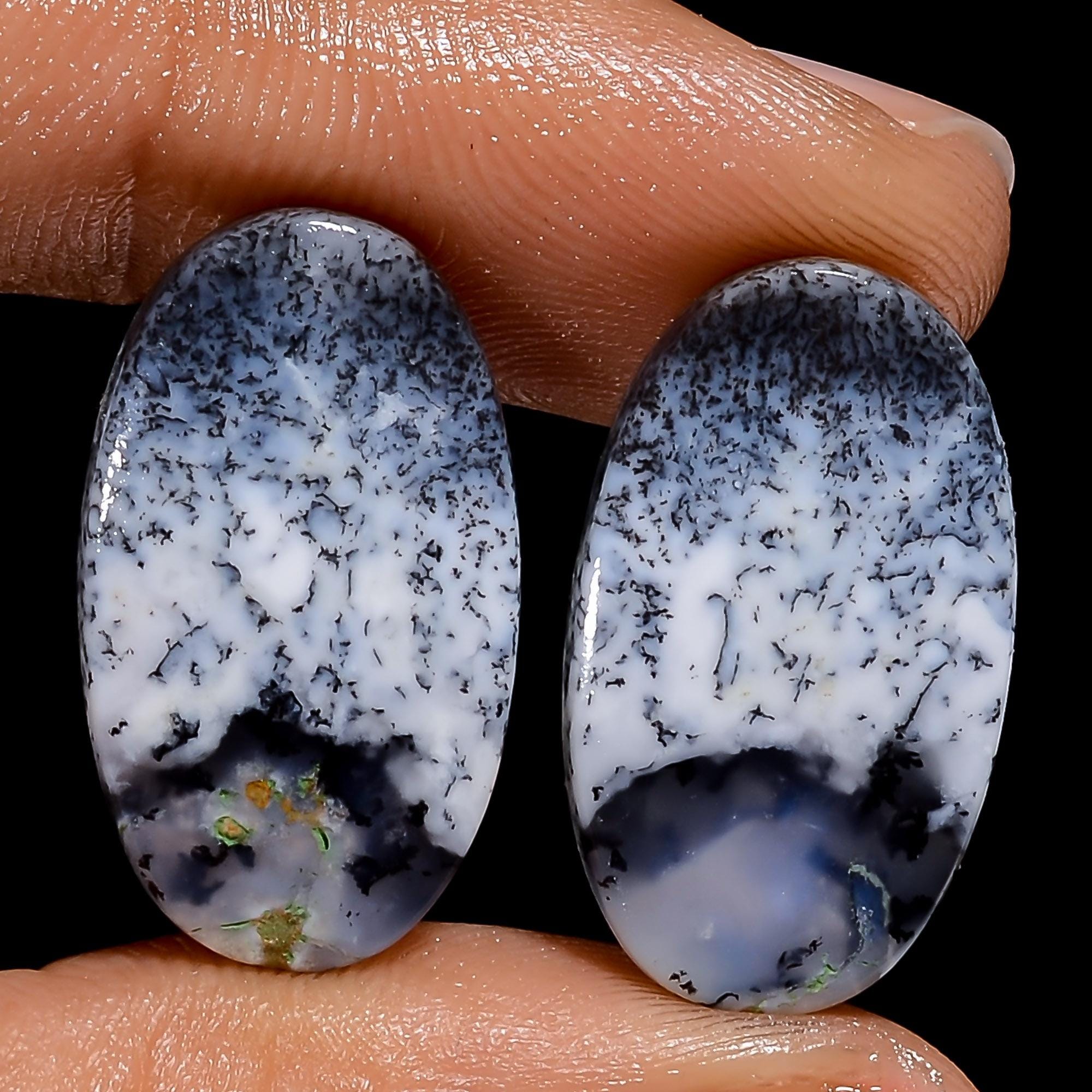 Natural Dendrite Opal Gemstone Pair, Oval Shape, Matched Stone, Healing Dendrite Opal Gemstone Pair For Earring Jewelry 