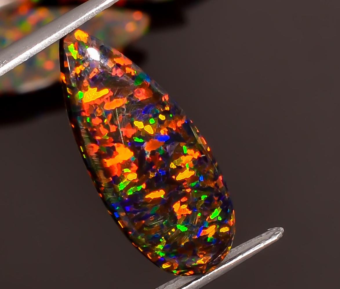 Fire Play Black Opal Gemstone, Teardrop Cabochon (20x8 mm)