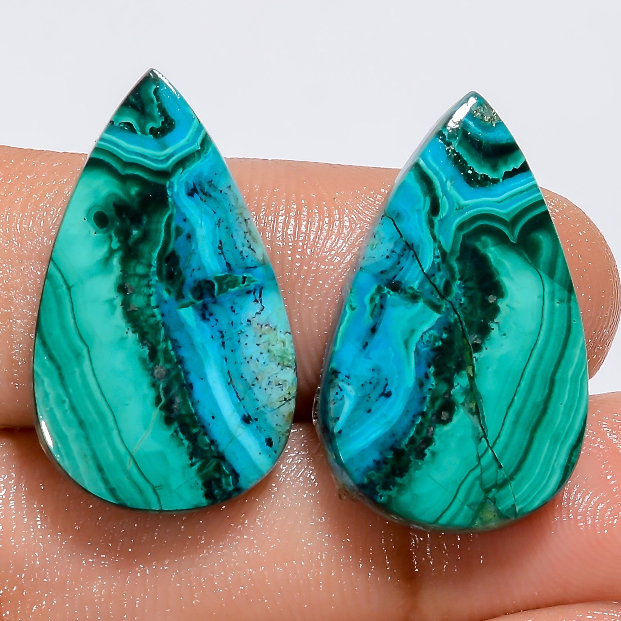 MALACHITE Chrysocolla Gemstone Pair  Natural Beautiful Green Pear  Shape Malachite Chrysocolla Pair, African Matched Gem