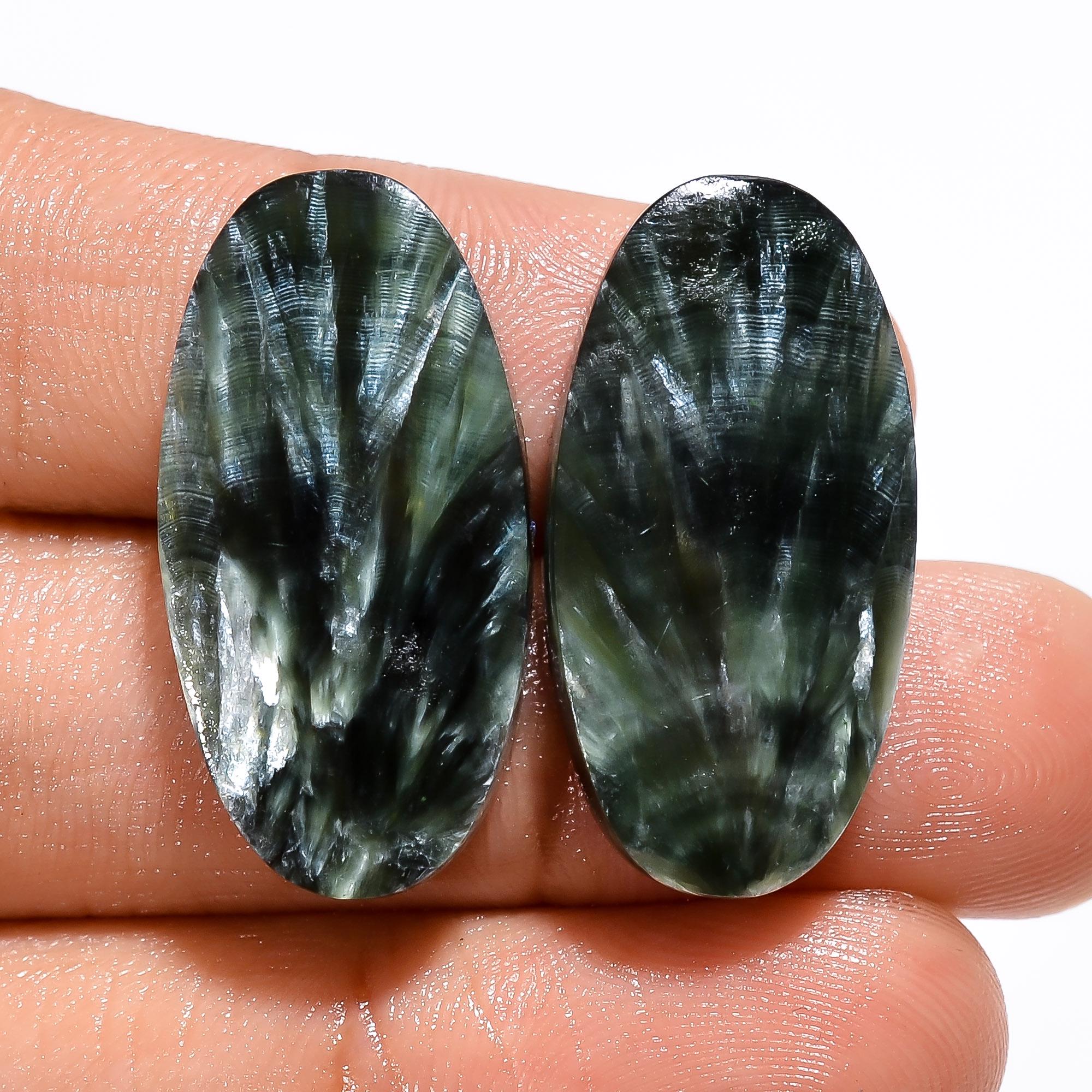 Natural Seraphinite Gemstone Pair, Oval Shape Green Seraphinite Cabochon, Green Seraphinite Pair For Jewelry Making Supp - image 2