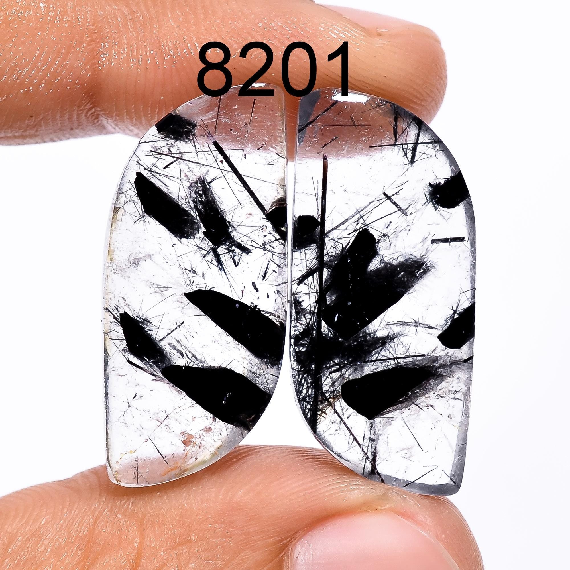 AAA Black Rutile Quartz Cabochon Pair, Natural Tourmaline Gemstone