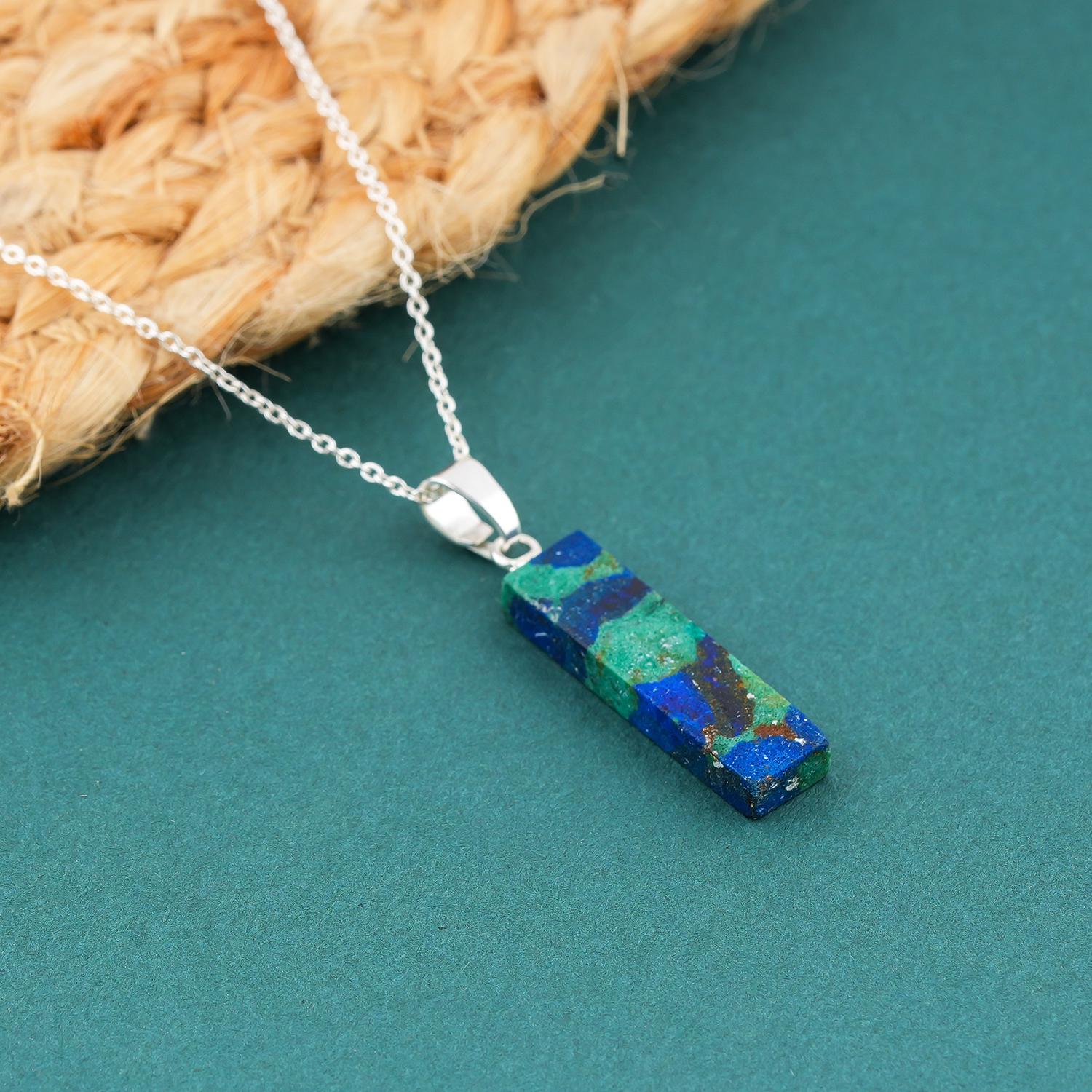 Silver Plated Malachite Pendant, Raw Gemstone Jewelry 