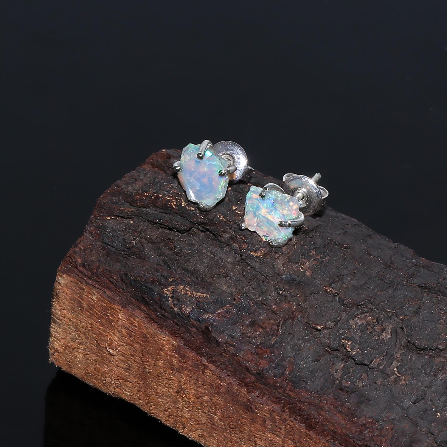 Natural Raw Opal Stud Earrings, Women Gift Jewelry, Silver Plated Earrings, Stud Push Back Earrings , Fire Play Opal Stu - image 3
