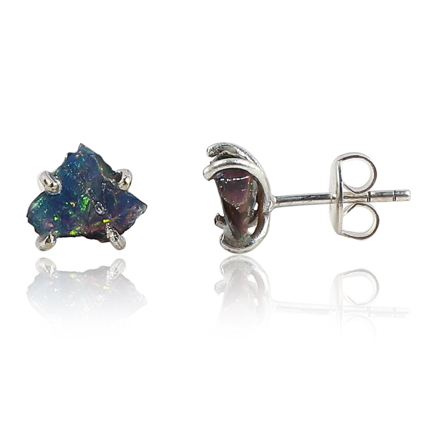 Natural Raw Opal Stud Earrings, Silver Plated, Prong Setting, Ethiopian Gemstone - image 5