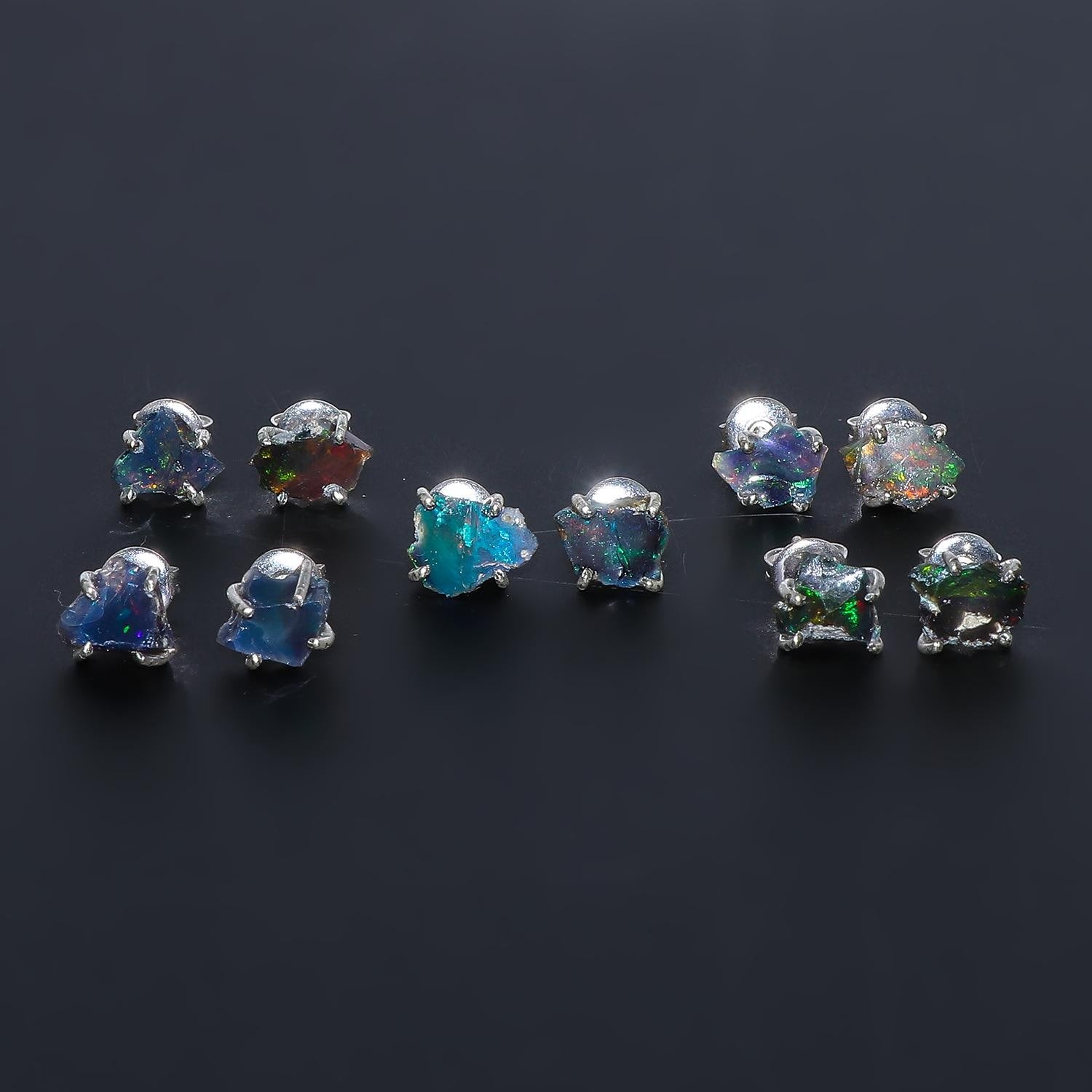 Natural Raw Opal Stud Earrings, Silver Plated, Prong Setting, Ethiopian Gemstone