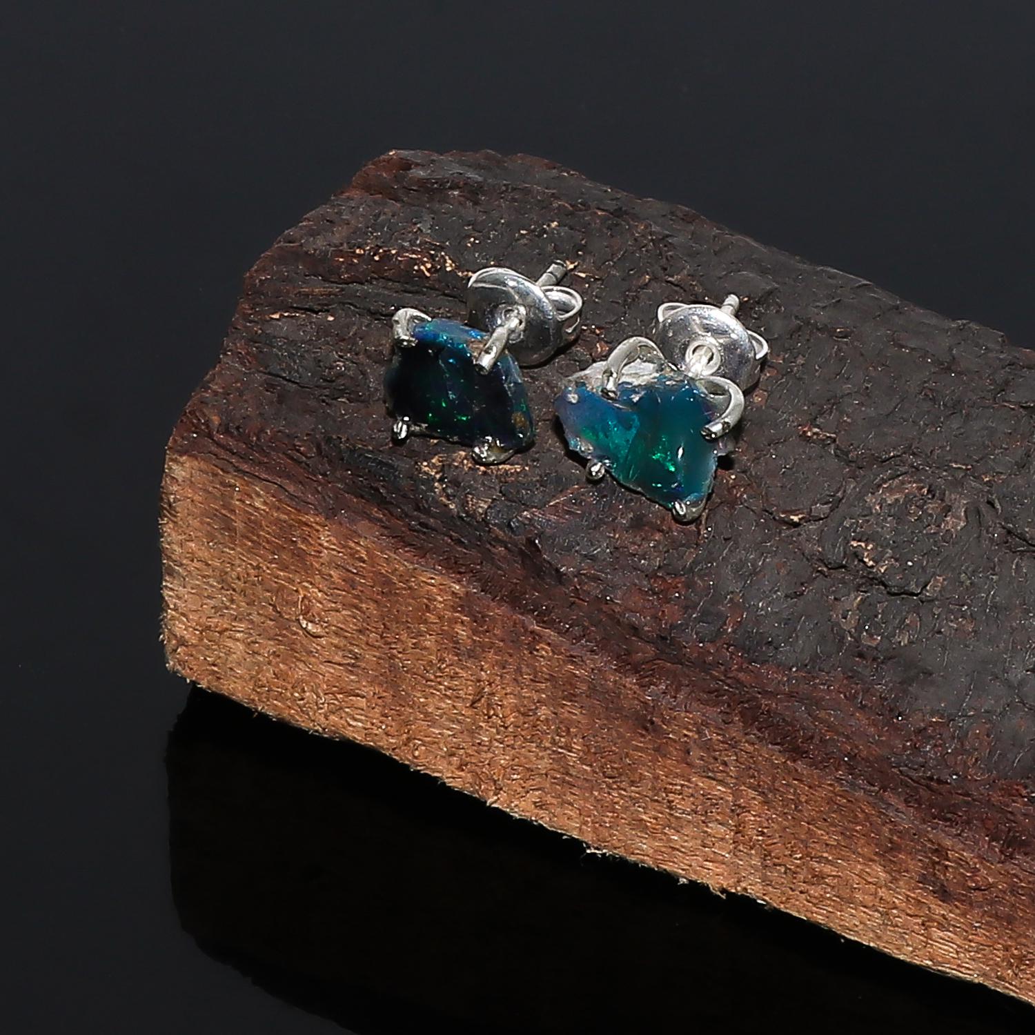 Natural Raw Opal Stud Earrings, Silver Plated, Prong Setting, Ethiopian Gemstone - image 3