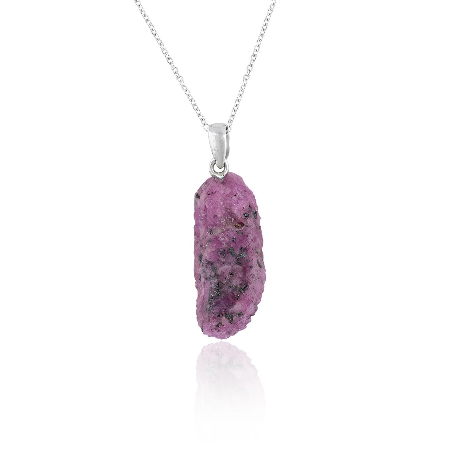 Raw Ruby Pendant Necklace, Silver Plated Healing Crystal