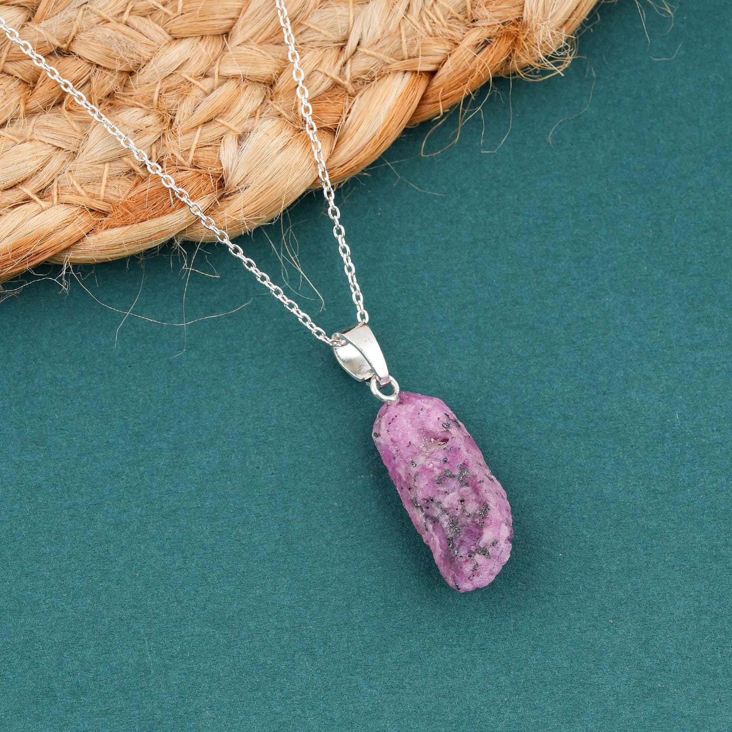 Raw Ruby Pendant Necklace, Silver Plated Healing Crystal