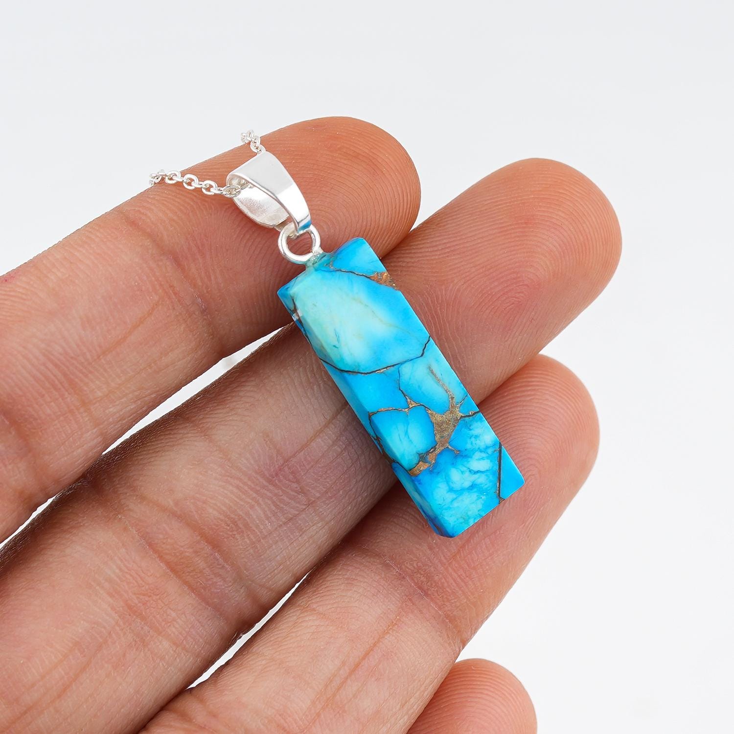 Bar Shape Blue Turquoise Pendant, Silver Plated Healing 