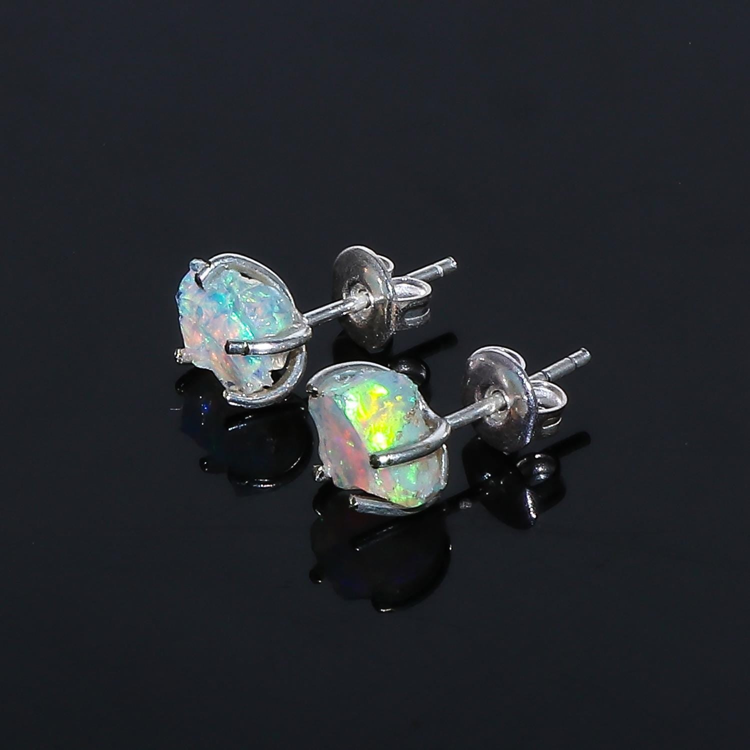 Natural Raw Opal Stud Earrings, Women Gift Jewelry, Silver Plated Earrings, Stud Push Back Earrings , Fire Play Opal Stu - image 2