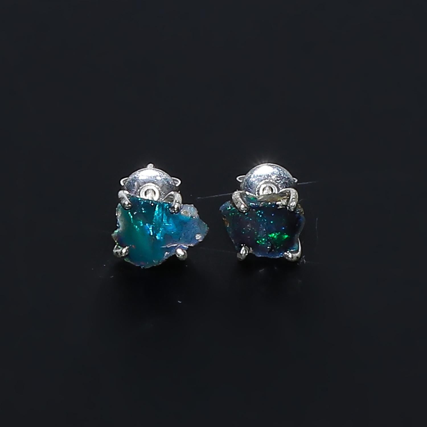 Natural Raw Opal Stud Earrings, Silver Plated, Prong Setting, Ethiopian Gemstone - image 2