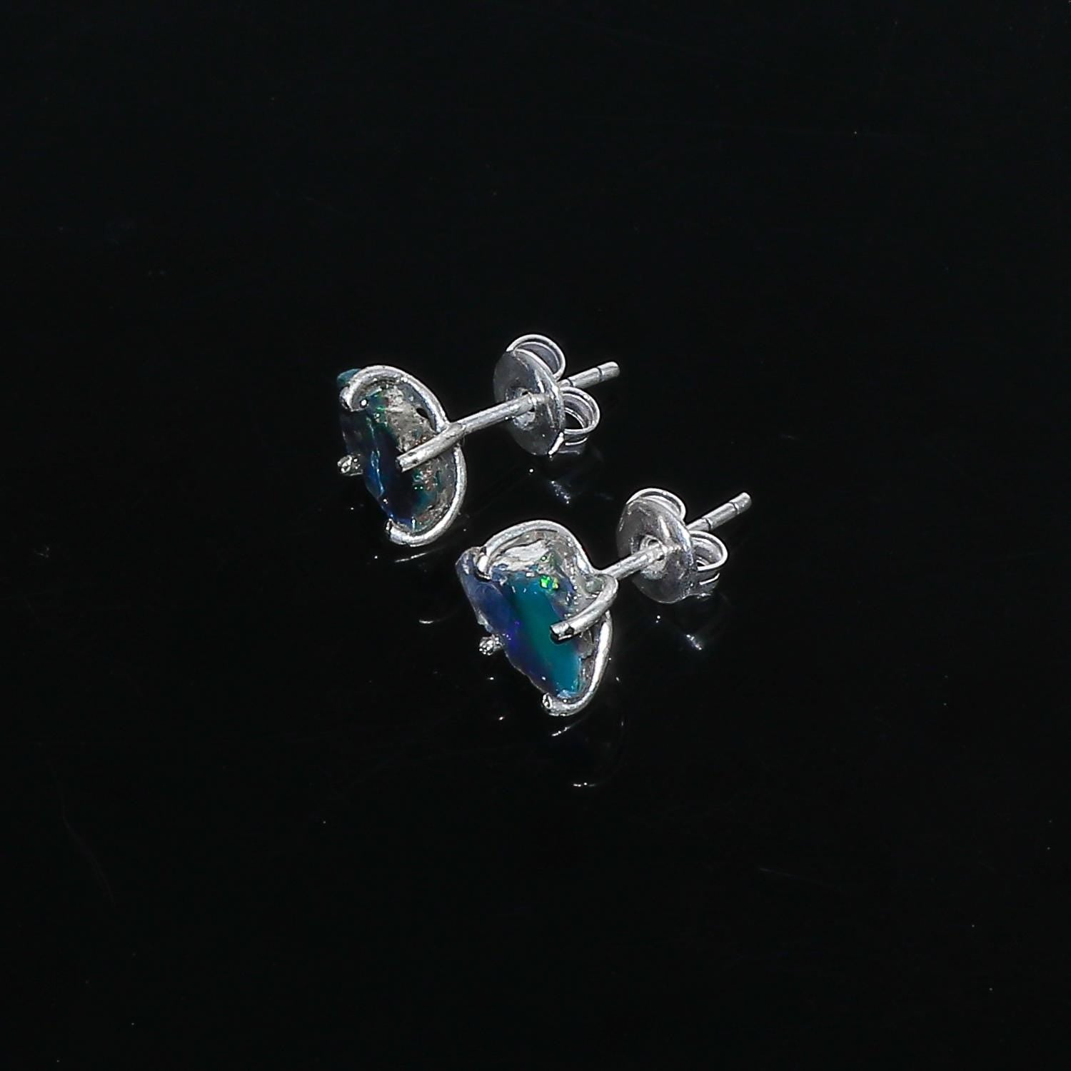 Natural Raw Opal Stud Earrings, Silver Plated, Prong Setting, Ethiopian Gemstone - image 4