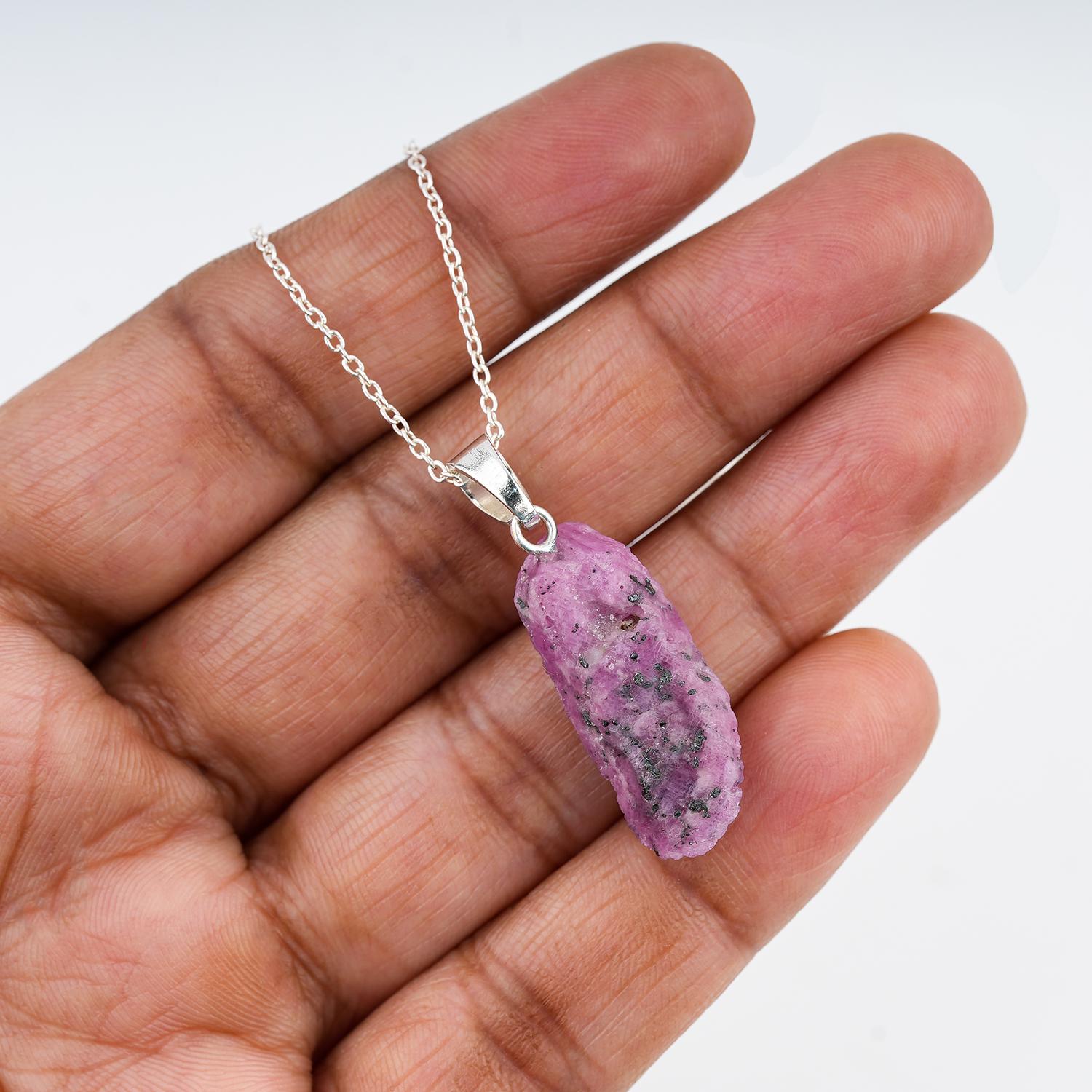 Raw Ruby Pendant Necklace in pink color