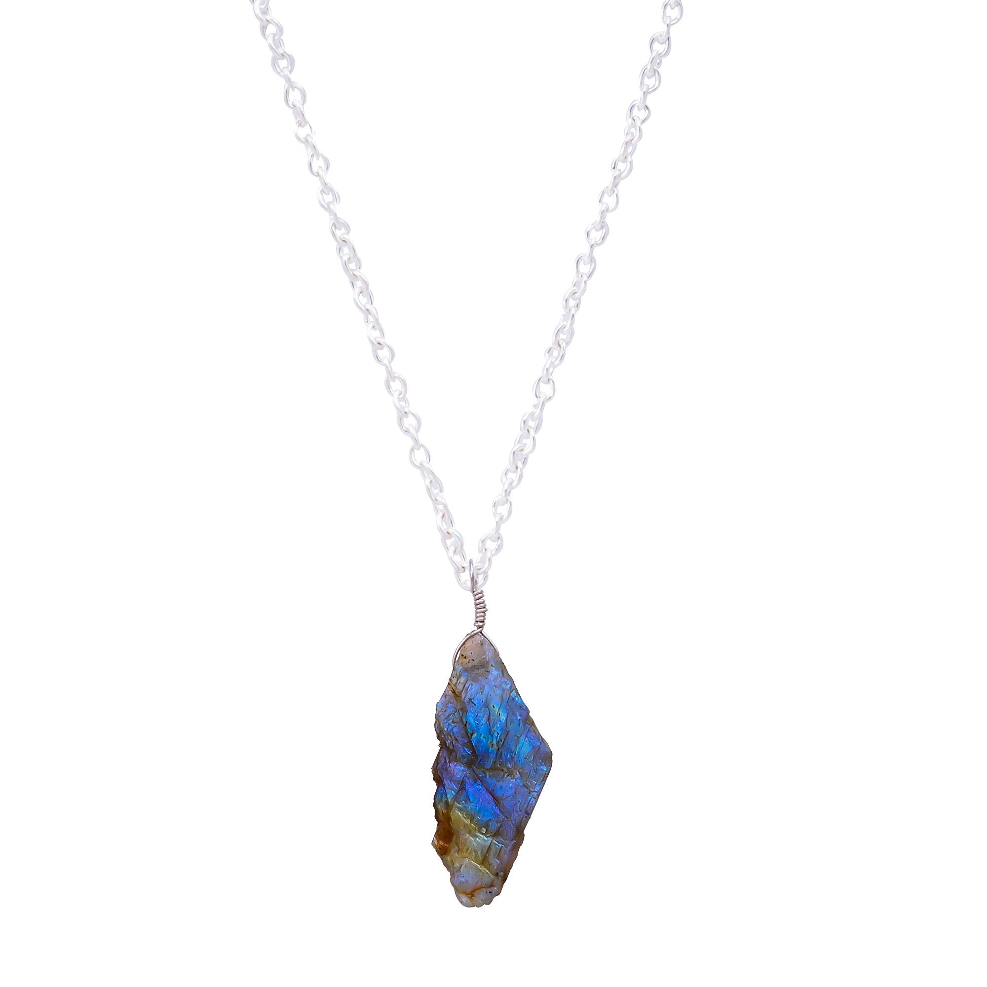 Raw Labradorite Pendant Necklace with Silver Plated